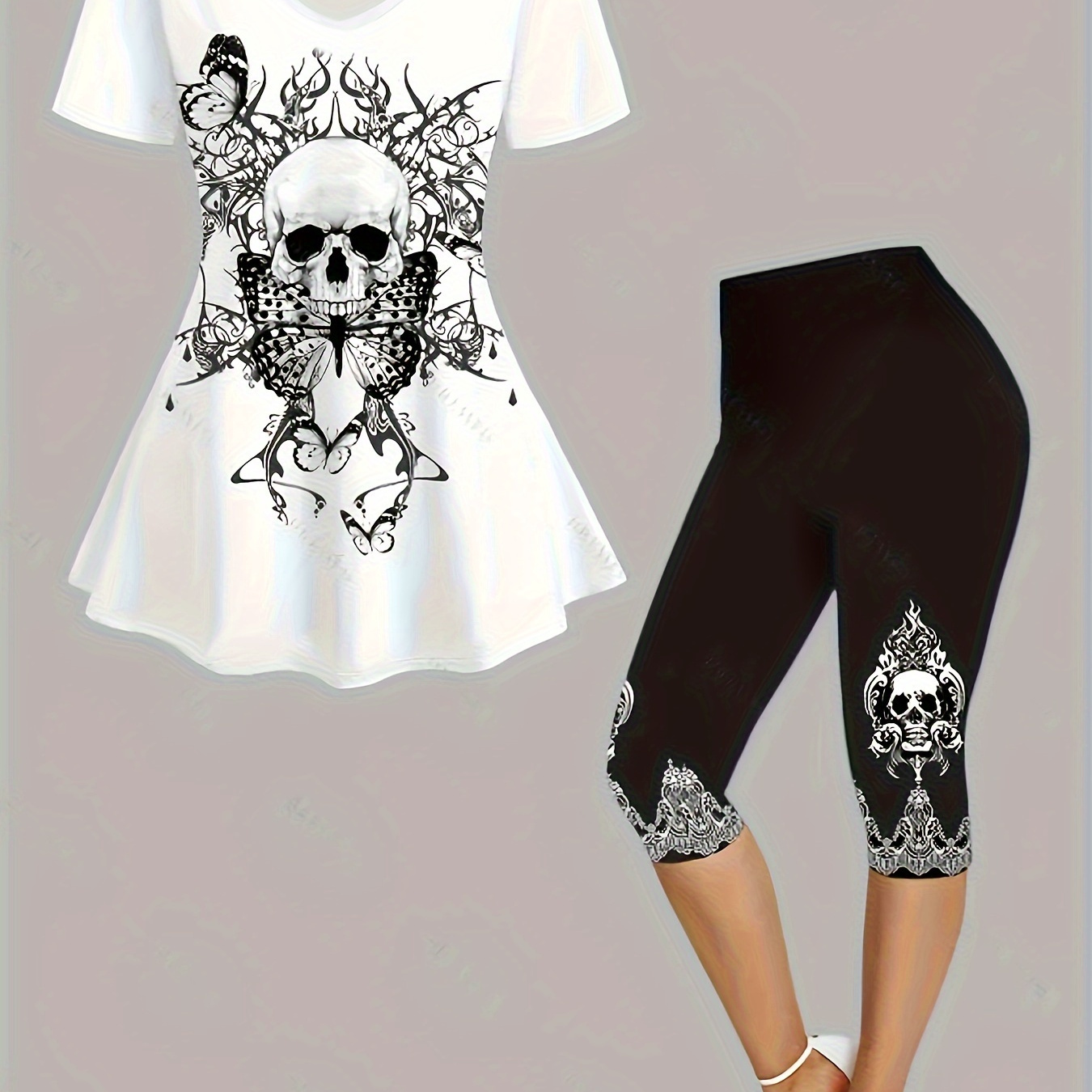 

Skull Print Casual 2 Piece Set, V Neck Short Sleeve Top & Skinny Capris Pants Outfits, Women's Clothing