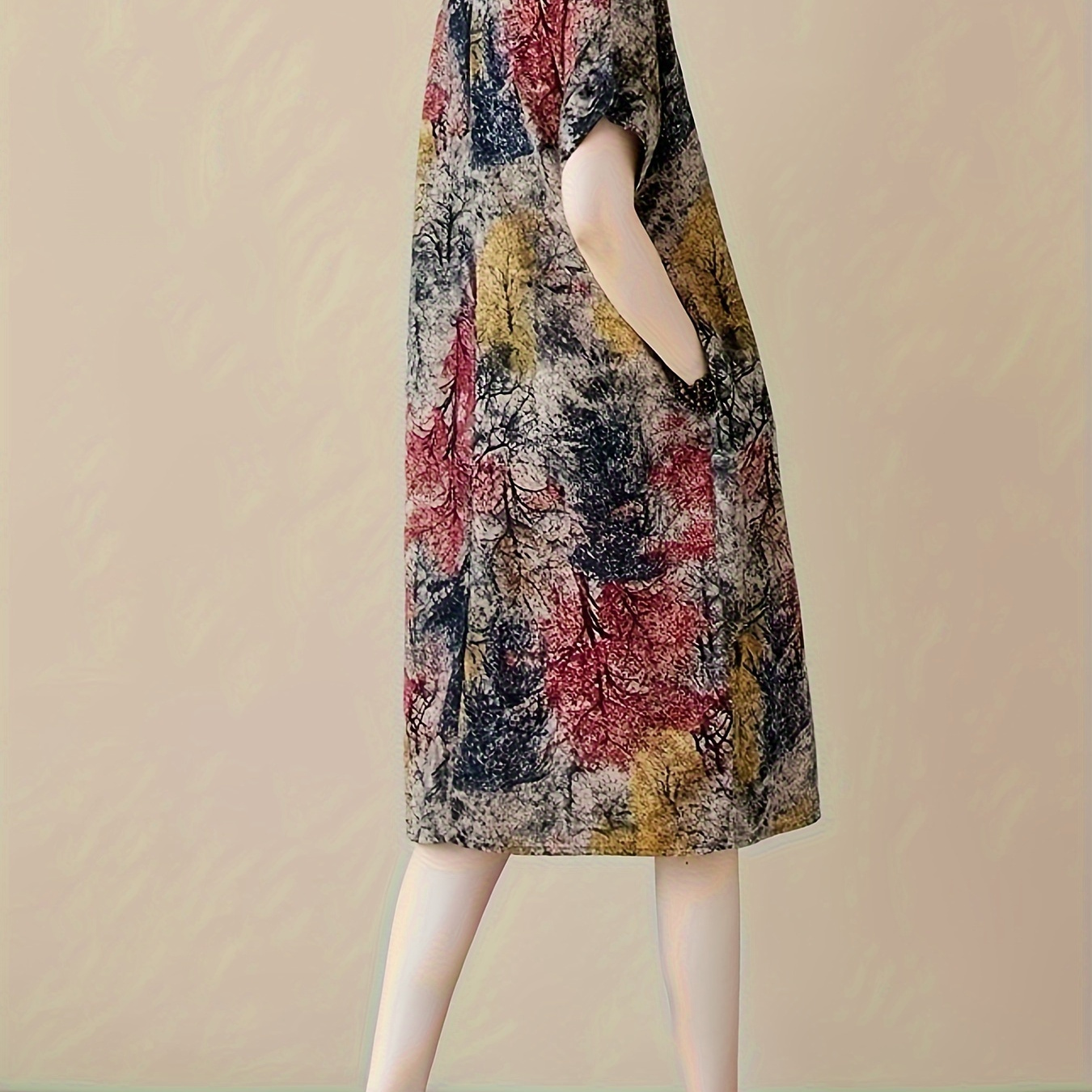 

Floral Print Linen Dress With Pockets, Casual Round Neck, Machine Washable - Plus Size, Plus Size