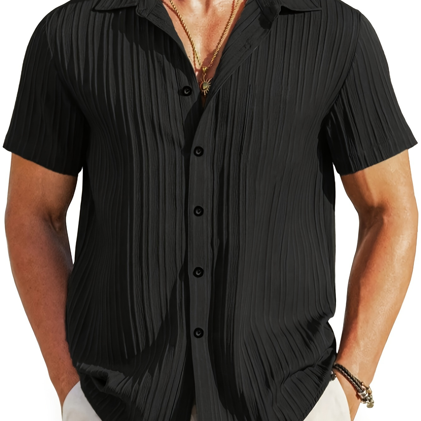 

Men's Solid Stripe Design Short Sleeve Lapel Shirt Top, Male Casual Button Up Shirt For Daily And Vacation Resorts Beach