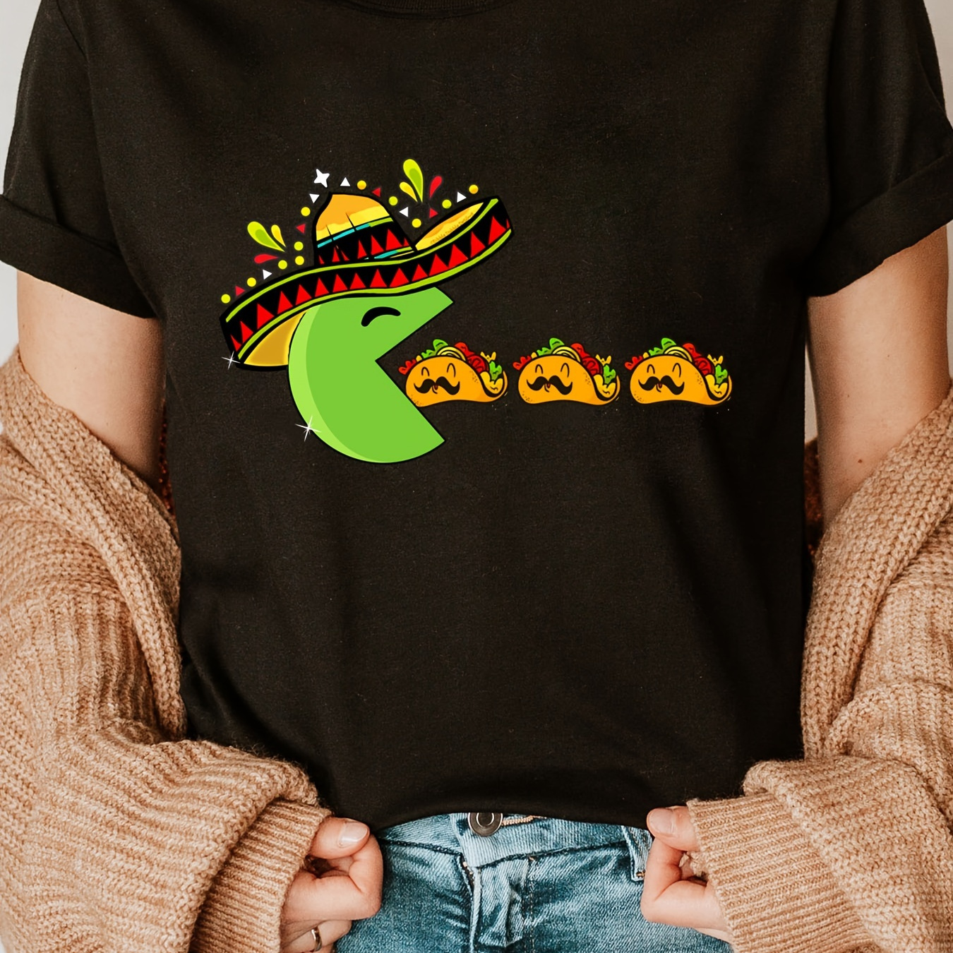 

Eating Tacos Print Crew Neck T-shirt, Short Sleeve Casual Top For Summer & Spring, Women's Clothing