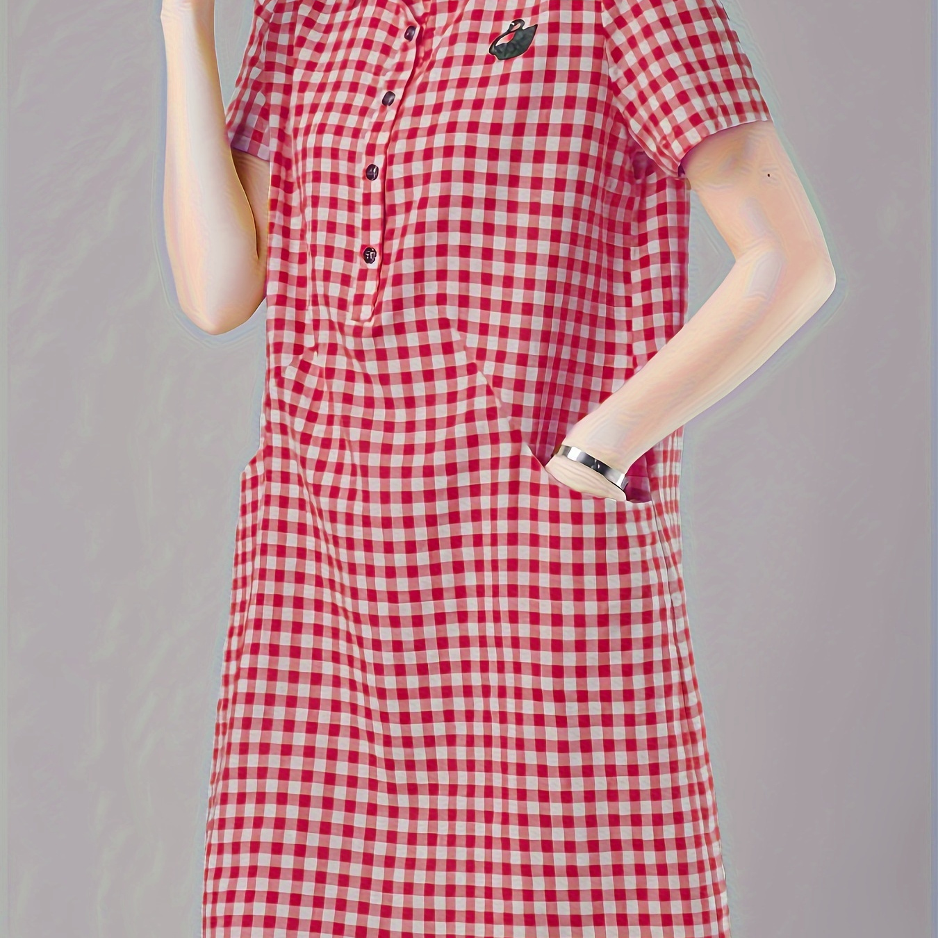 

Gingham Print Short Sleeve Dress, Casual Button Front Pocket Embroidered Dress For , Women's Clothing