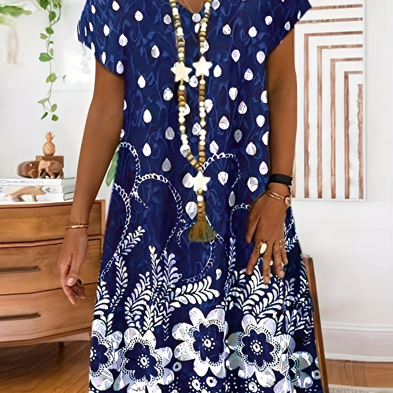 

Retro Print Loose Long Dress, Short Sleeve V-neck Waist Summer Dresses, Women's Clothing