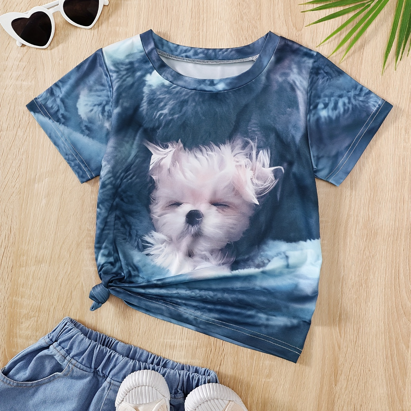 

Girls Cute Puppy Graphic Short Sleeve T-shirt Summer Clothes Party Gift