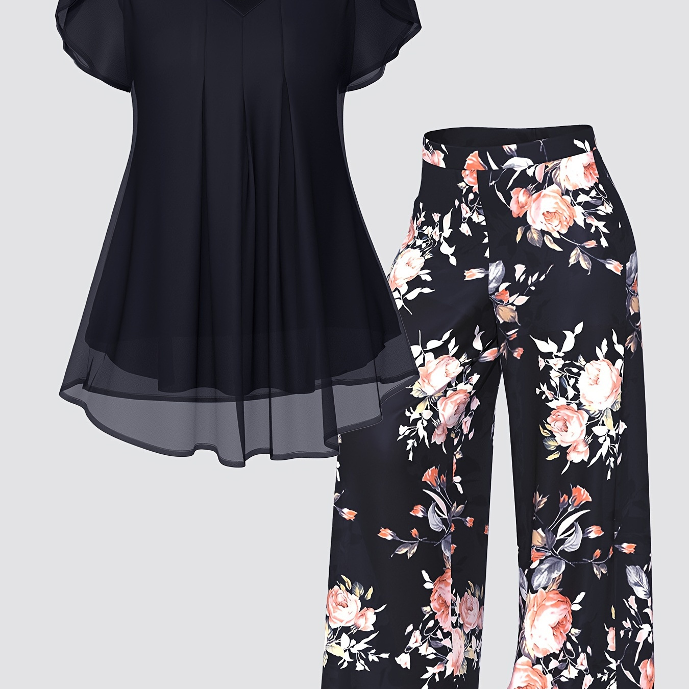 

Plus Size Casual Slim Two-piece Pants Set, Solid Short Sleeve Chiffon Top & Floral Print High Waist Pants Outfits, Women's Plus Size Clothing