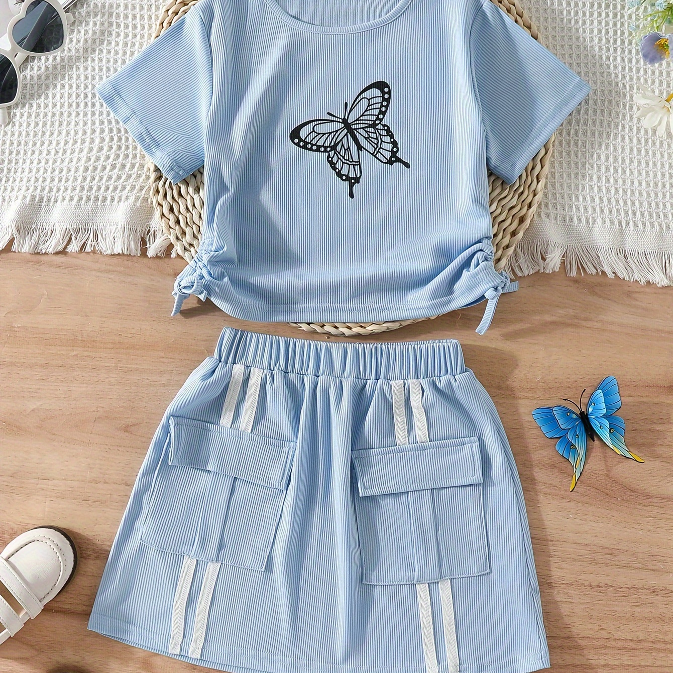 Littlecheer Teal Blue Butterfly Net Ruffled Skirt Set for Girlslittlecheer