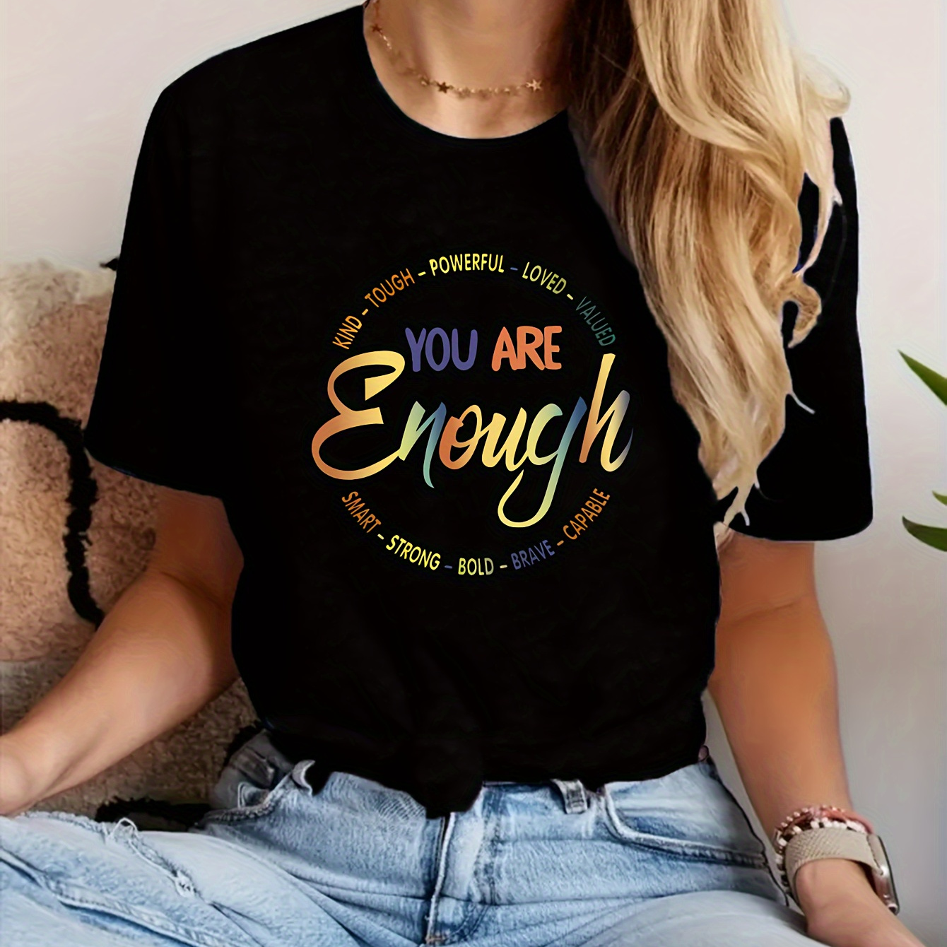 

Women's Casual T-shirt With Empowering "you Are Enough" Letter Graphic Print, Fashion Versatile Tee For Daily & Sports Wear, Comfortable Style