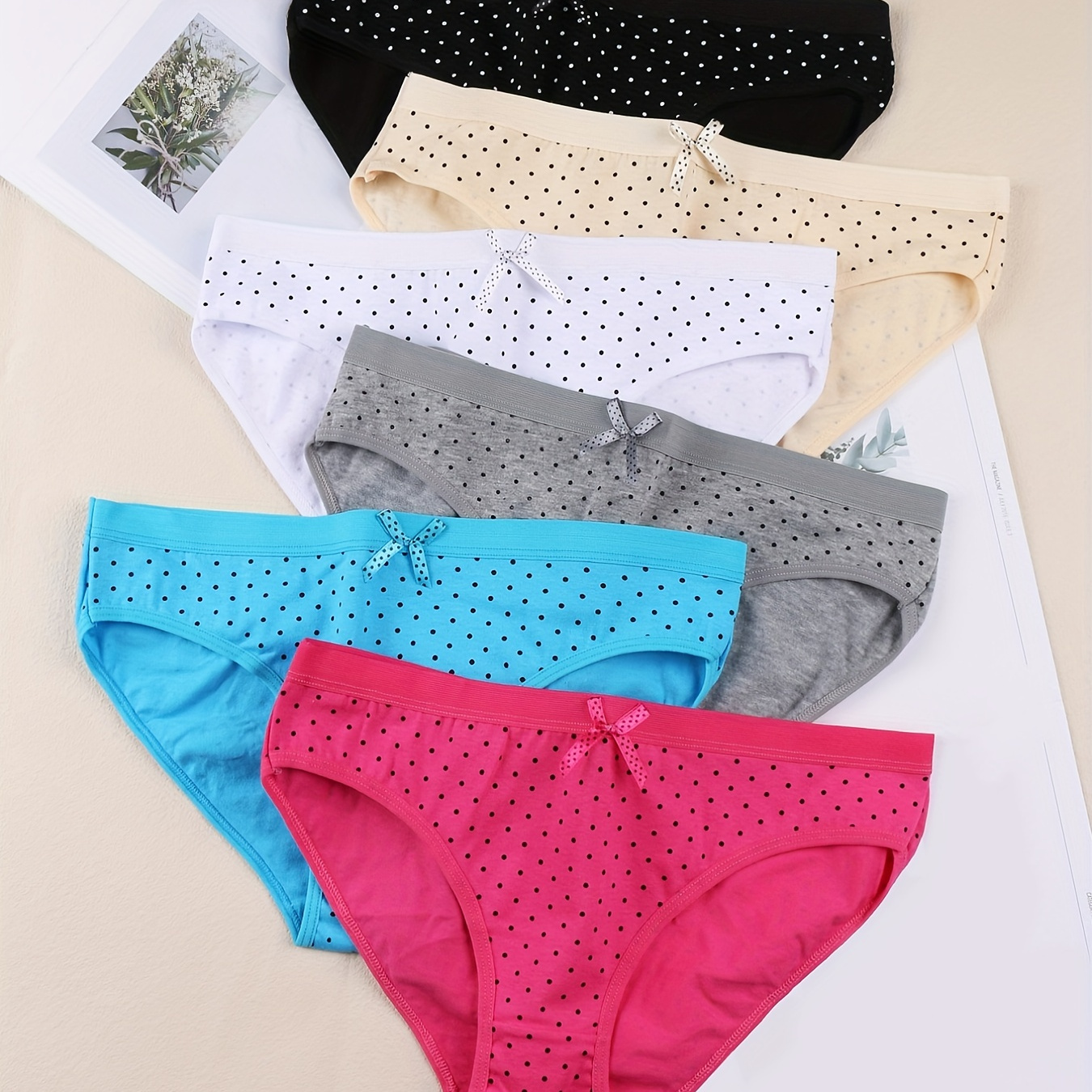 

6 Pack Plus Size Casual Panties Set, Women's Plus Low Rise Mini Bow Dotted Print Medium Stretch Everyday Briefs 6pcs Set