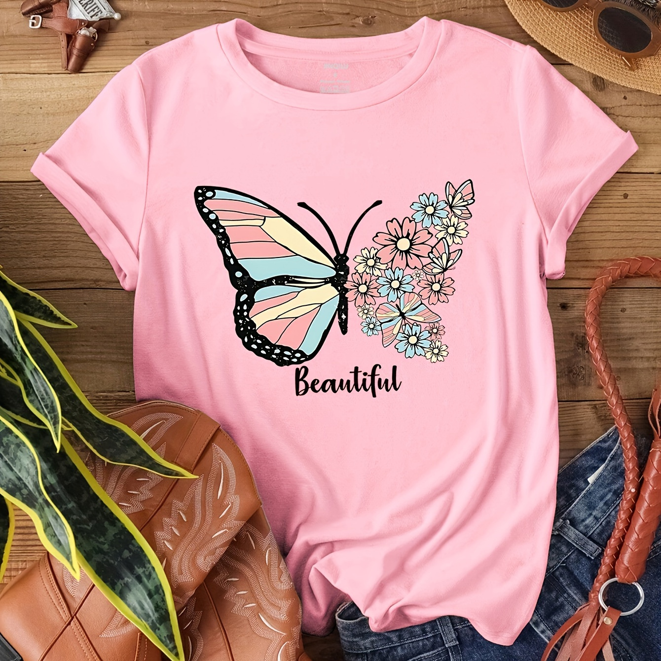 

T-shirt À Col Rond Imprimé Papillon, T-shirt À Manches Courtes Décontracté Pour Le Printemps Et L'été, Vêtements Pour Femmes