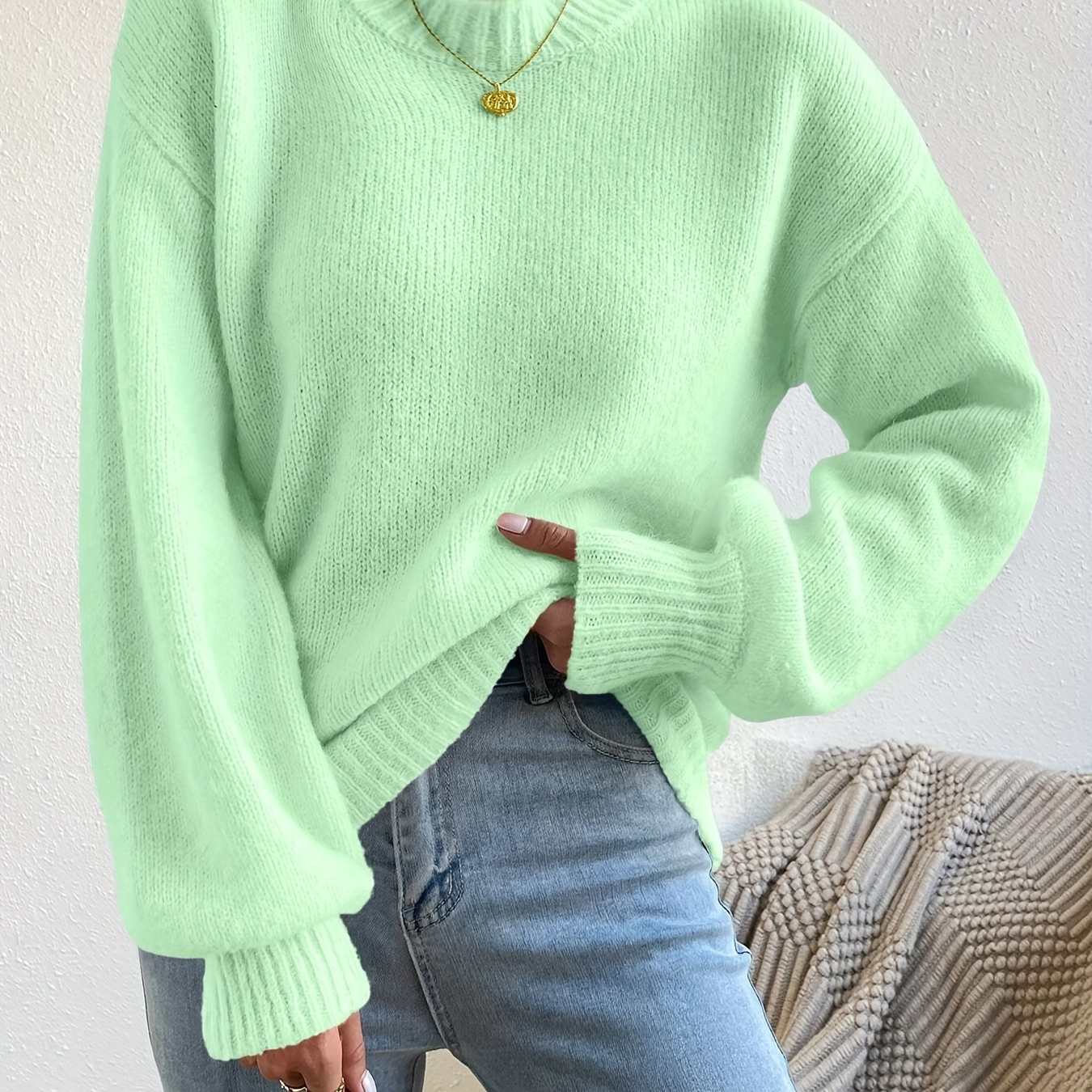 

Women's Casual Long Sleeve Crew Neck Pullover Sweater With High Neckline, Polyester Fabric, Soft And Cozy For Fall And Winter