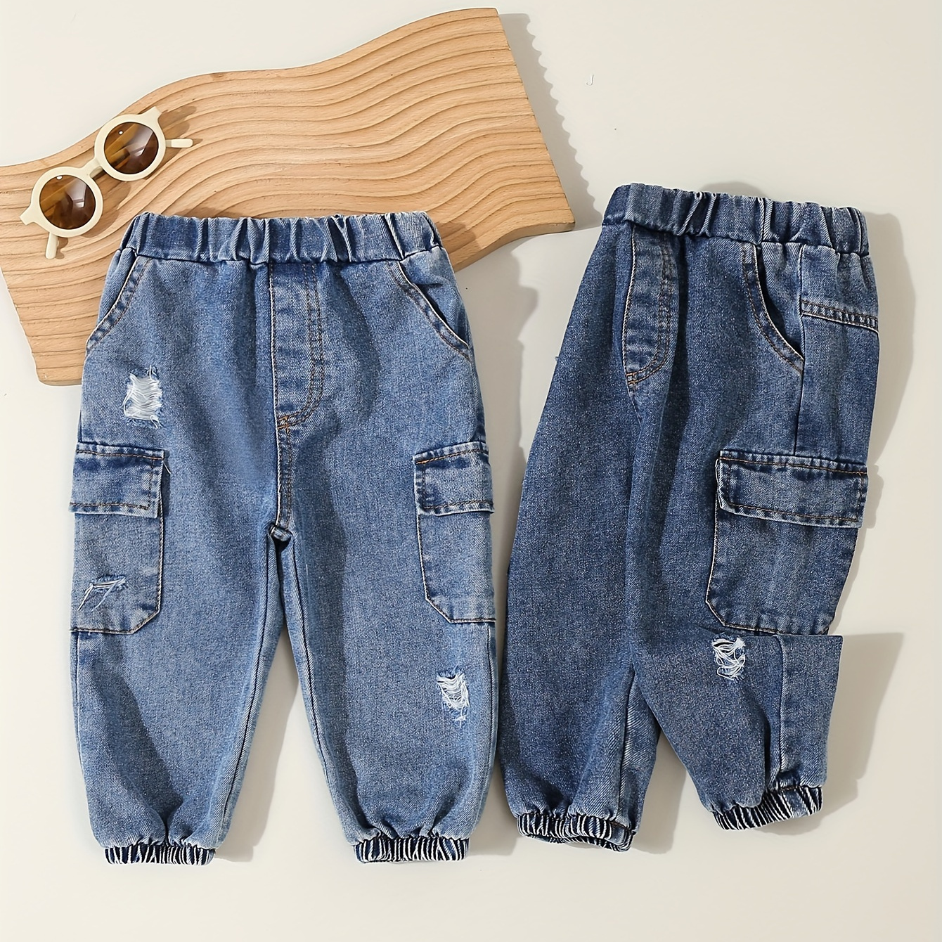 

Toddler Boys' 2-pack Casual Denim Jogger Pants With Pockets - Cotton Blend, Non-stretch Fabric, Solid Color, Regular Fit, All-season Style