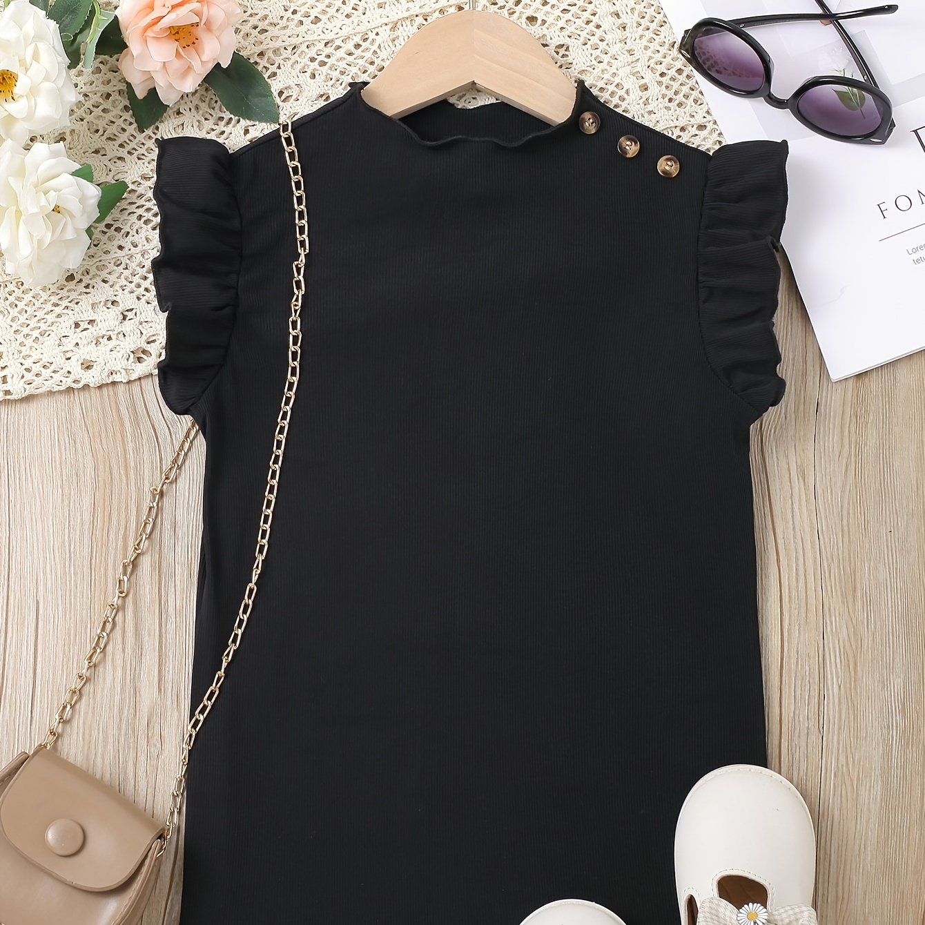 

Trendy Girls Solid Flutter Trim Sleeveless T-shirt Top For Summer Gift Outdoor