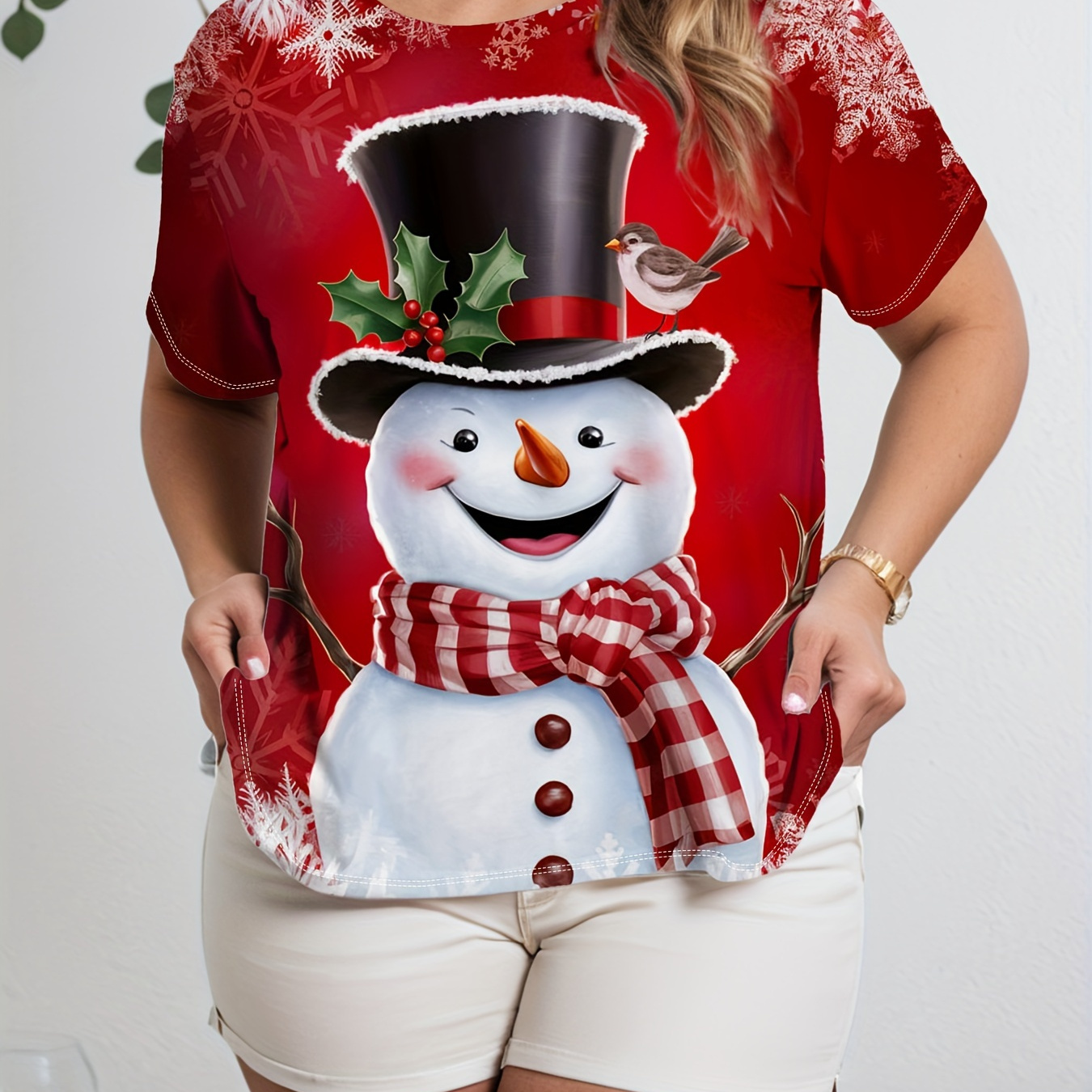 

Women's Plus Size -, Round Snowman Top, 3d Christmas Tee, , All , Polyester, Stretchy