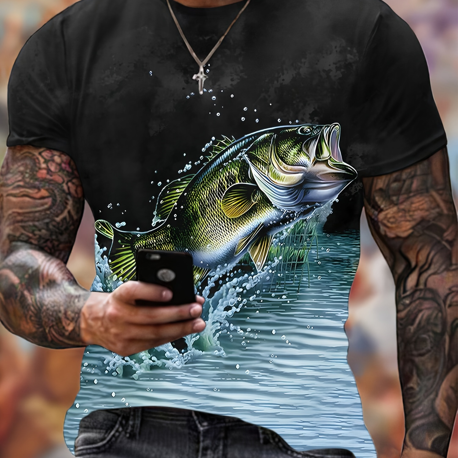

Men's Stylish Fish Pattern Shirt, Casual Slightly Stretch Breathable Crew Neck Short Sleeve Tee Top For City Walk Street Hanging Outdoor Activities