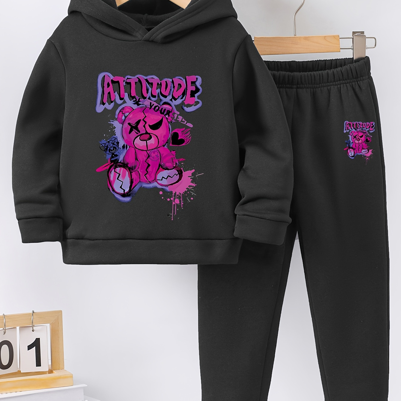 

Girl's Attitude Hoodie And Pants Set: Pink, Random Print, Polyester, Fall/winter, Size 12 And Under