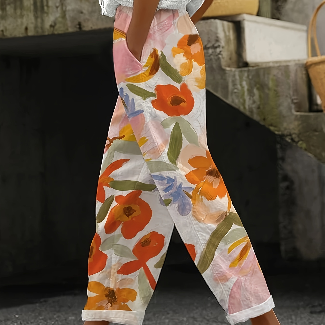 

Floral Print Dual Pockets Straight Leg Pants, Casual & Versatile High Waist Pants For Spring & Summer, Women's Clothing