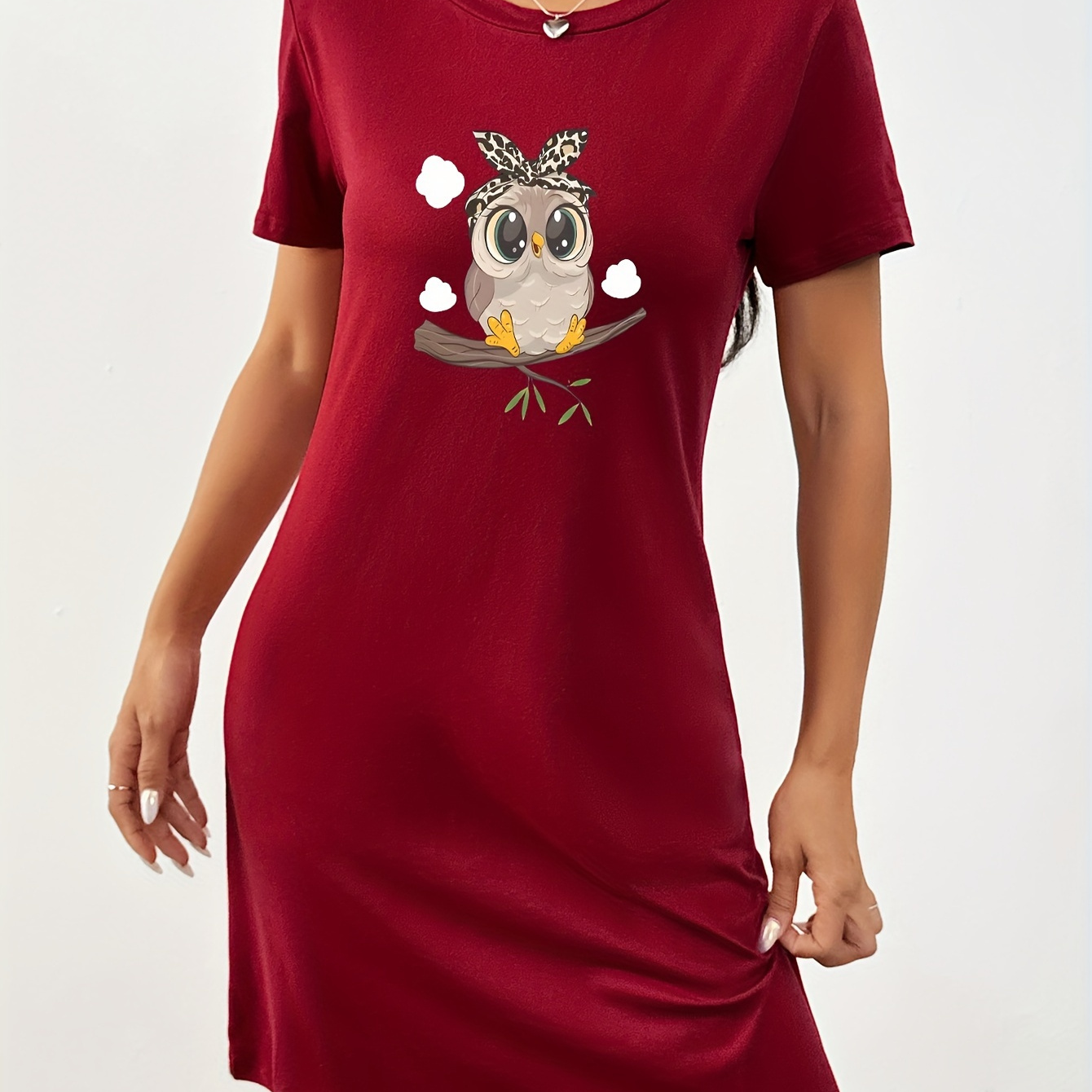 

Owl Print Tee Dress, Short Sleeve Crew Neck Casual Dress For Summer & Spring, Women's Clothing