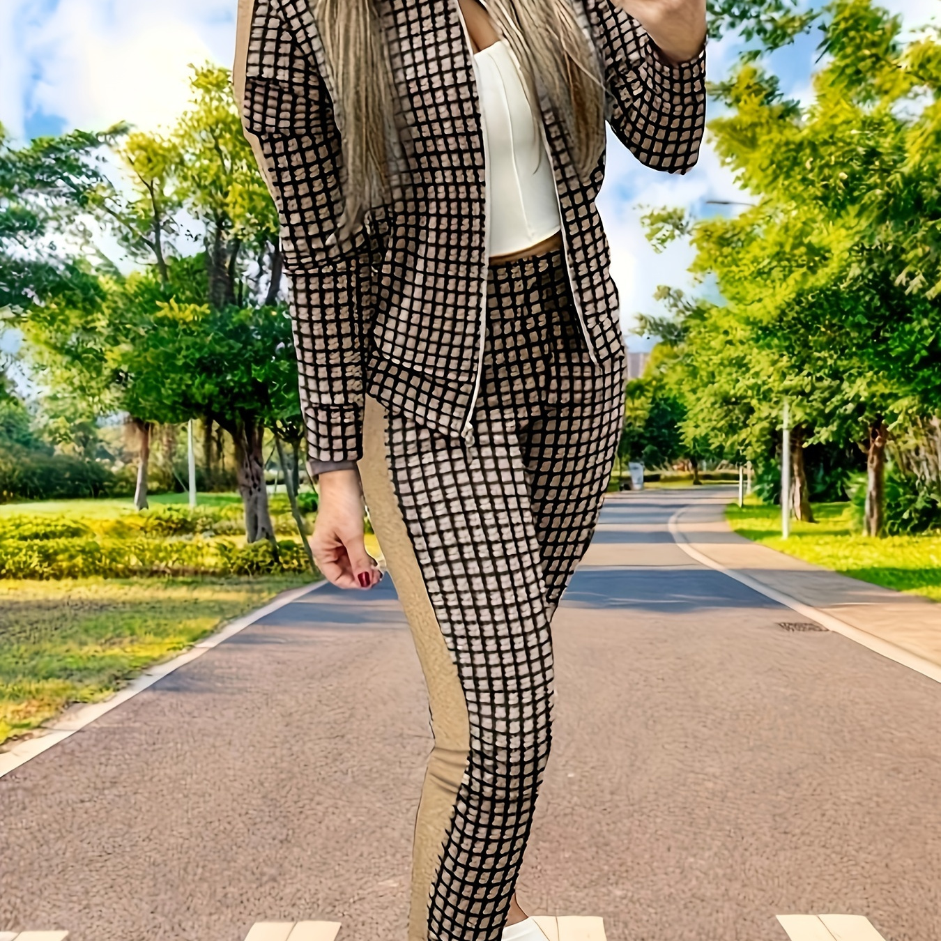 

Ensemble Pièces Décontracté À Carreaux Imprimés, Manteau À Manches Longues Avec Fermeture Éclair Sur Le Devant Et Pantalon Slim À Cordon De Serrage, Vêtements Pour Femmes