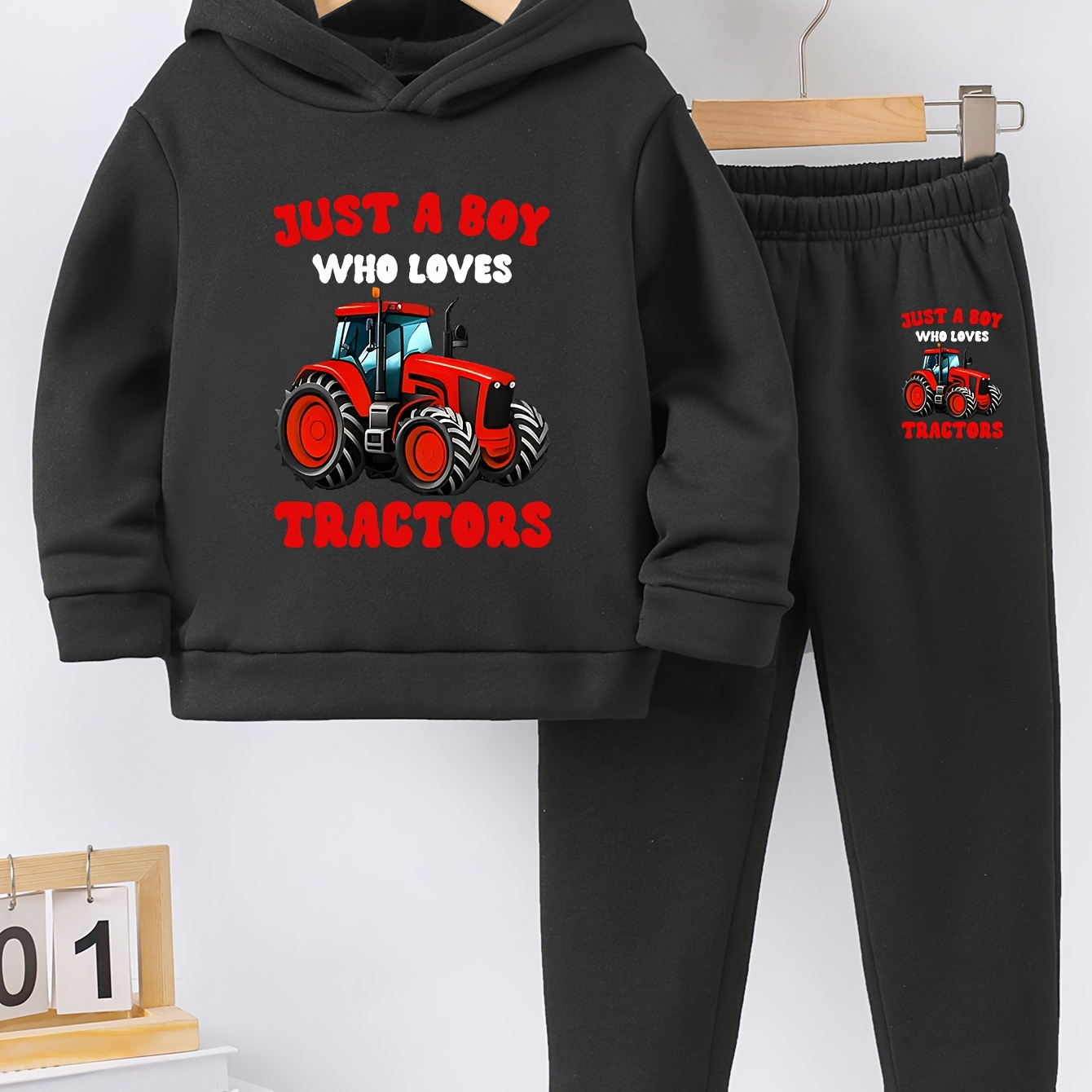 

2pcs - Boys' Set - A Boy Who Tractors & Fleece Long Sleeve Hooded Sweatshirt + Pants Set , For &