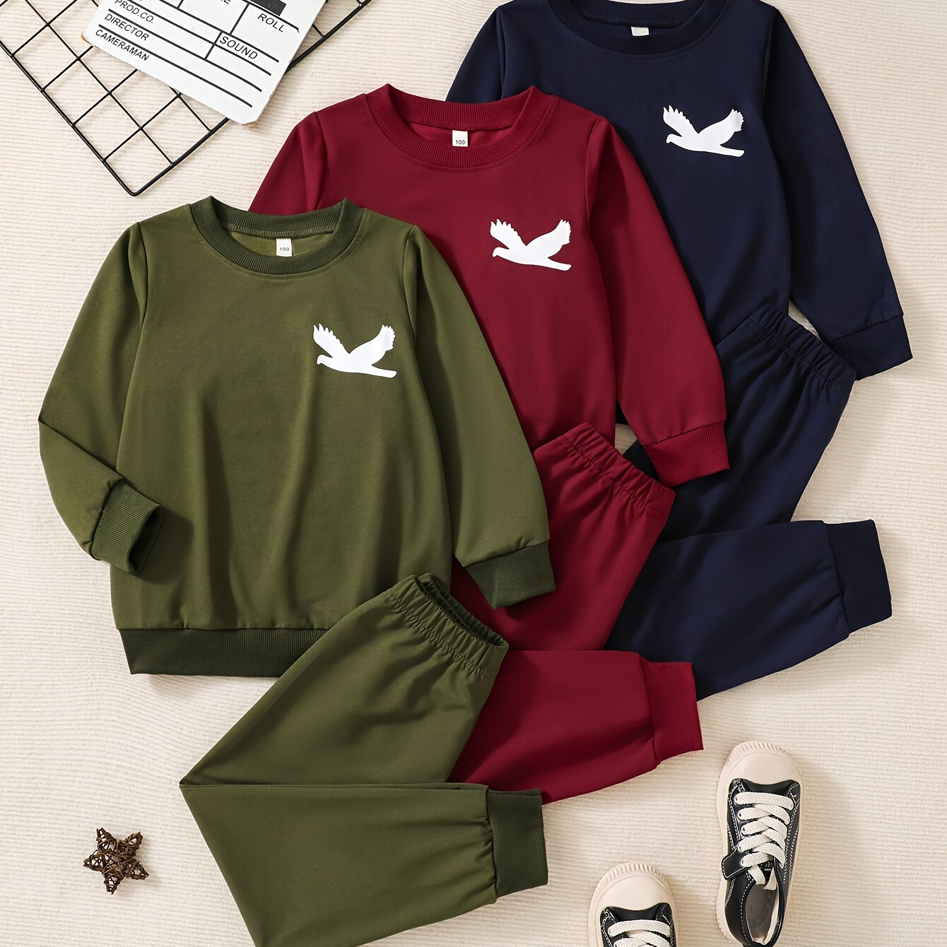 

3 Sets Boys Eagle Print Creative Long Sleeve Sweatshirt & Pants Set, Boys Clothes Outdoor