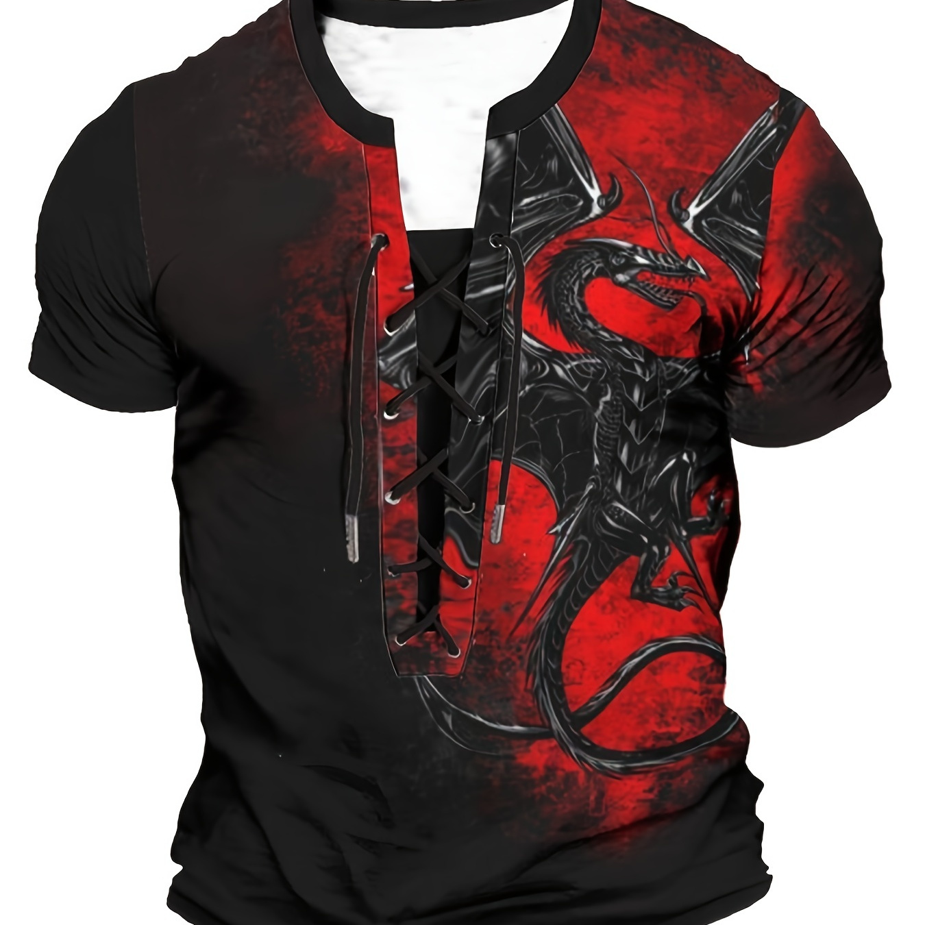 

Winged Dragon 3d Graphic Print Men's Novelty Short Sleeve V-neck Lace-up Henley T-shirt, Summer Outdoor And Street