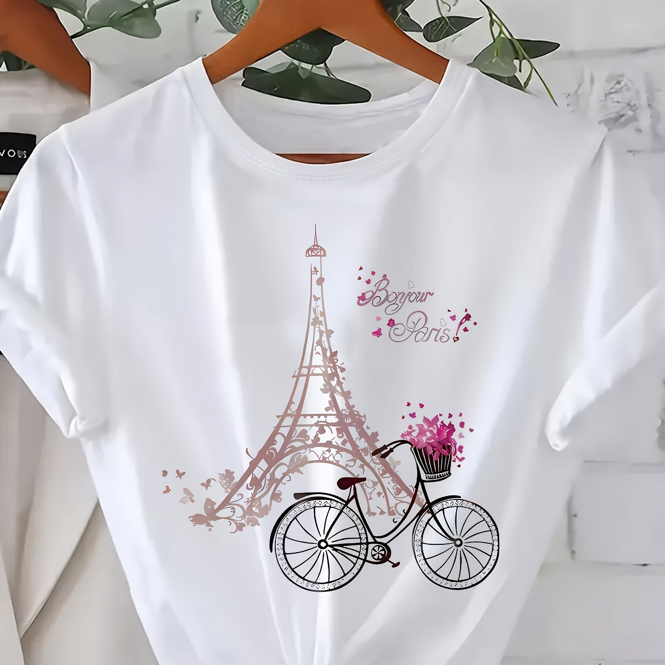 

1pc Women's Plus Size Paris & Bicycle Print T-shirt, Polyester 95% Elastane 5% Knit Fabric, Crew Neck Short Sleeve Casual Top For Spring/summer/fall