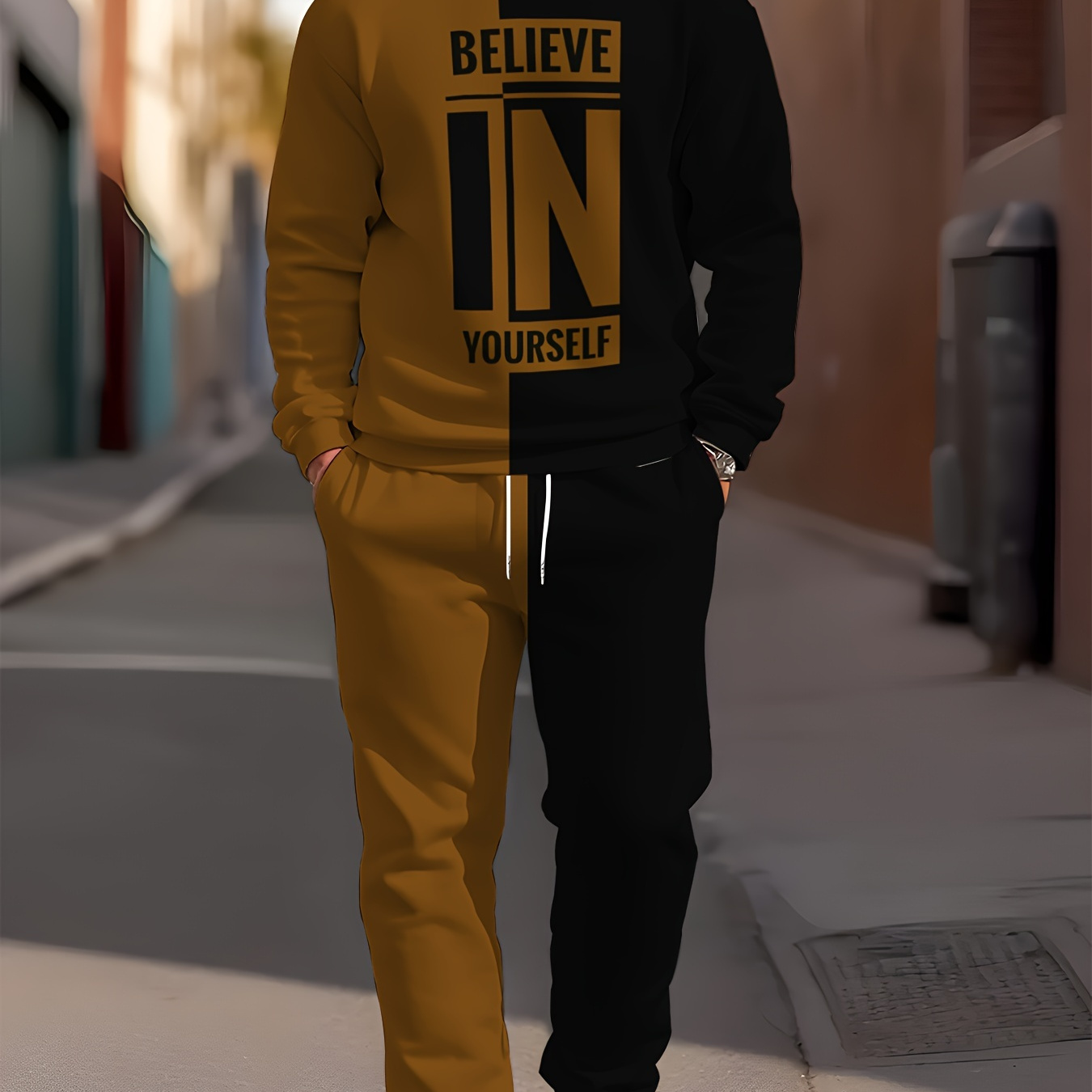 

Men's Casual Polyester Knit Tracksuit - Crew Neck Long Sleeve Sweatshirt And Joggers Set With "" Print - Comfortable Slight Stretch Two-piece Outfit