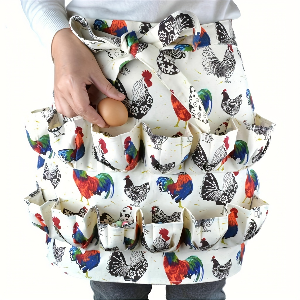 1pc Durable Rooster Printed Polyester Apron With Double-Row Pockets For Home Cooking, Gardening, And Farmhouse Use