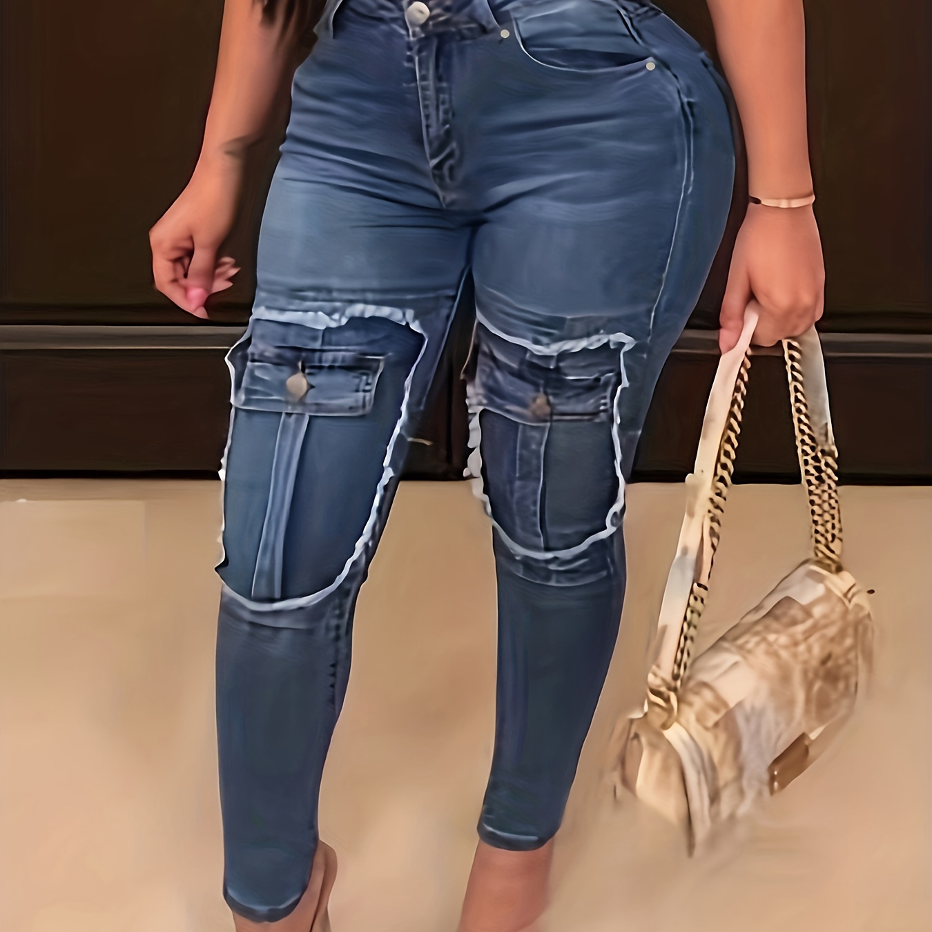 

Plus Size Casual Jeans, Women's Plus Solid Trim Button Fly High Rise Medium Stretch Cargo Tapered Leg Jeans With Flap Pockets