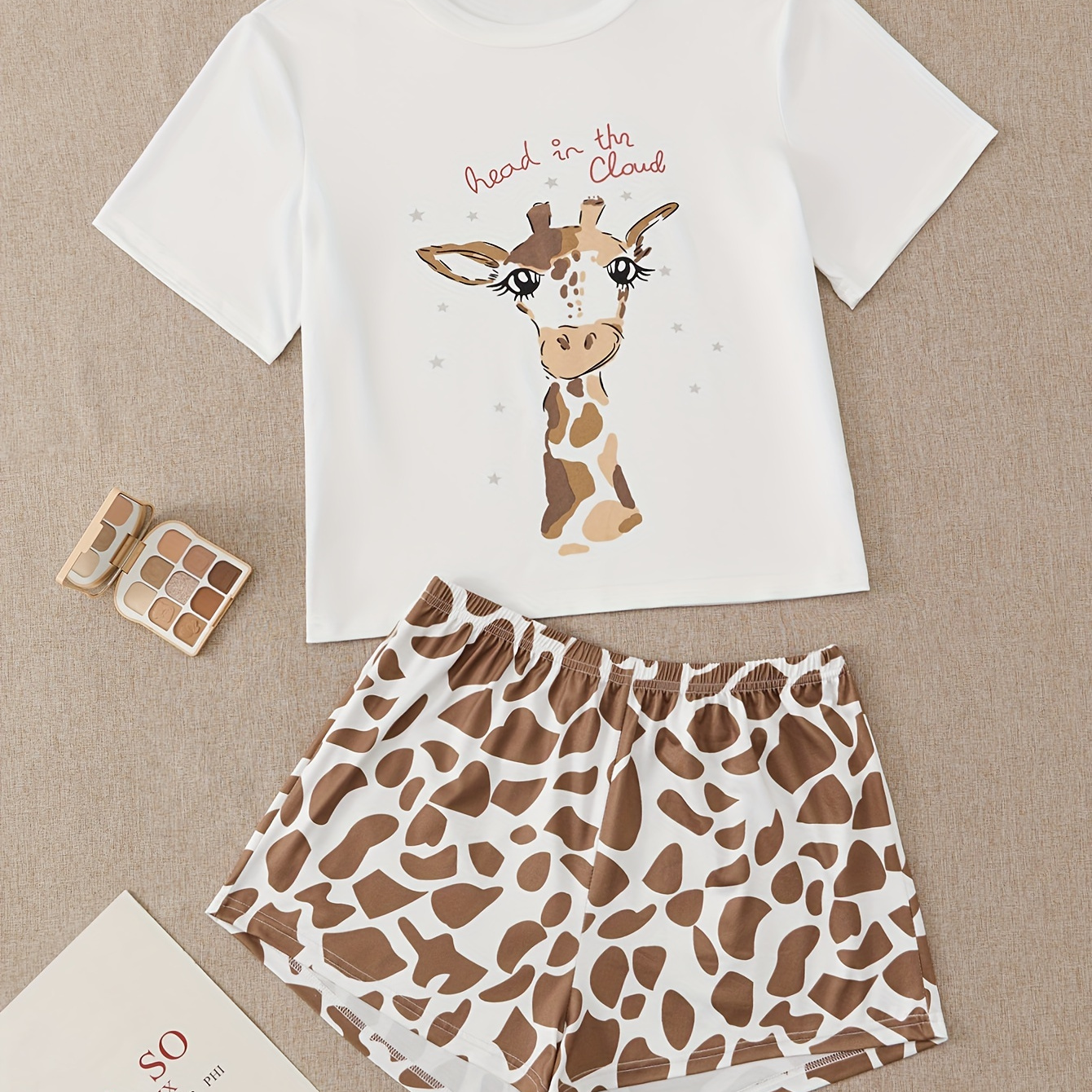 

Cartoon Print Pajamas Set, Casual Short Sleeve Top & Shorts Pajamas Set, Women's Sleepwear & Loungewear