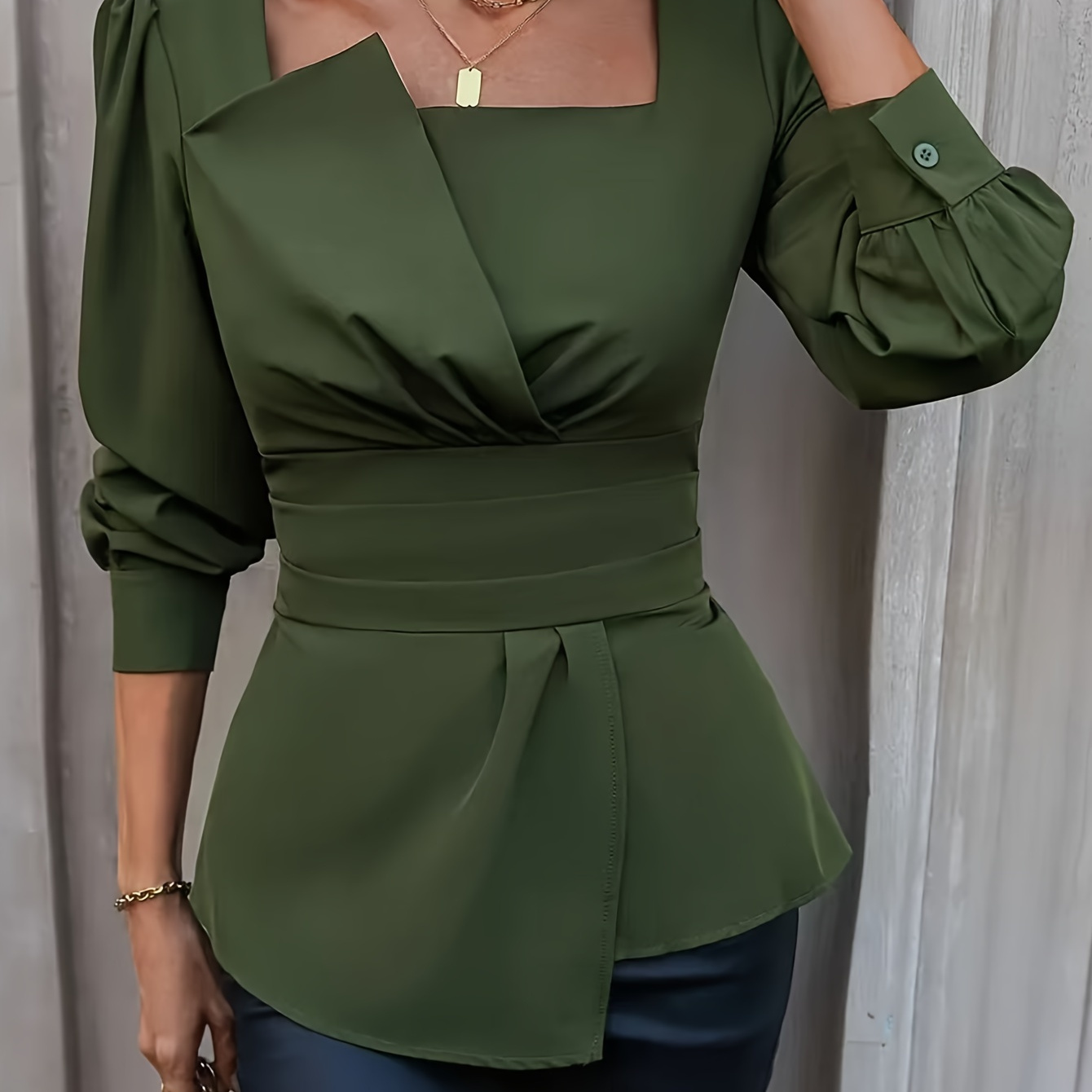 

Elegant Women' Blouse - Chic Square Neck With Ruched Detail, Long Sleeve, Polyester, Machine Washable - Ideal For Spring & Fall Fashion Events, Plus Size Elegant Blouse