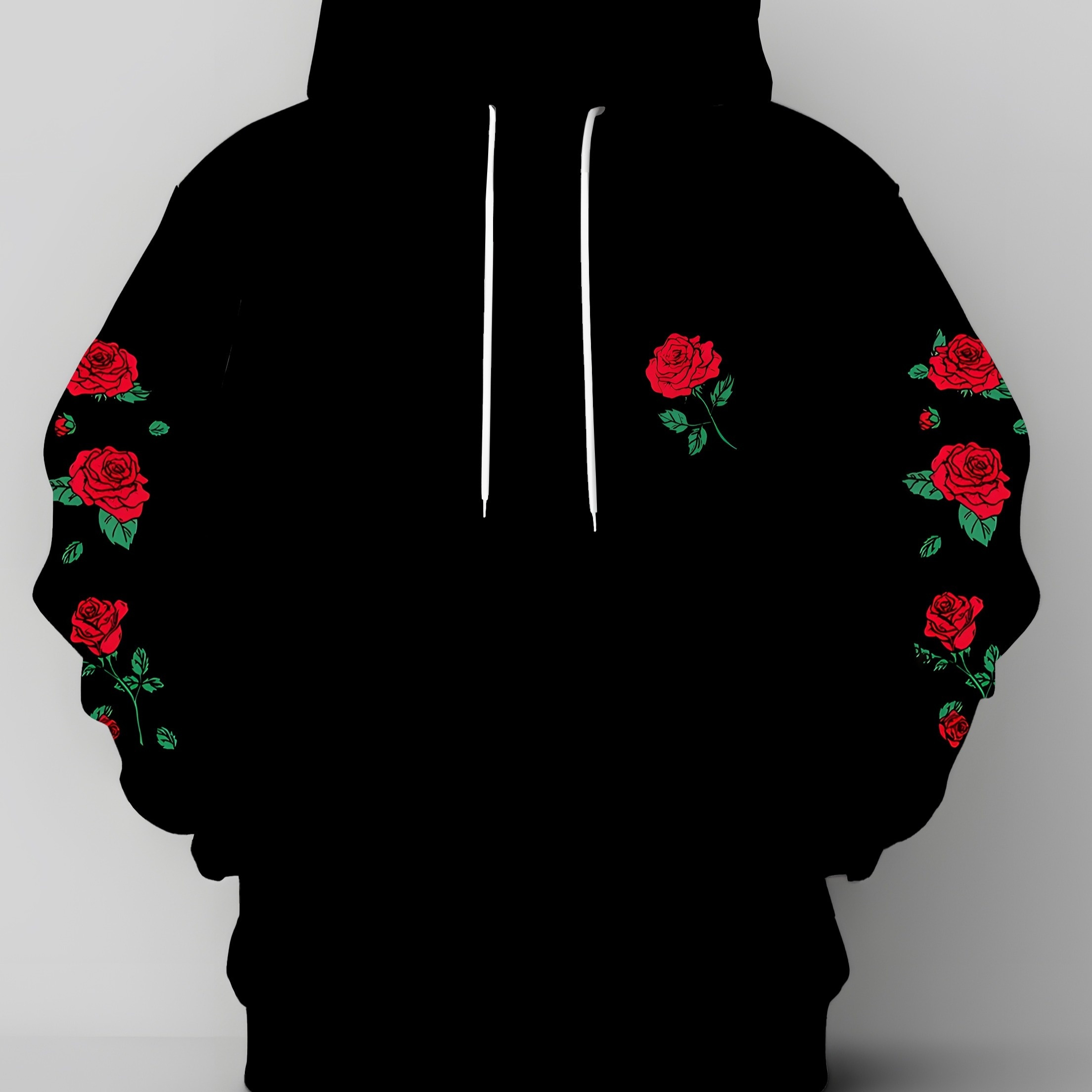 

Men's Plus Size Fashion Hoodie With 3d Rose & Print - Casual Pullover, Machine Washable, Plus Size