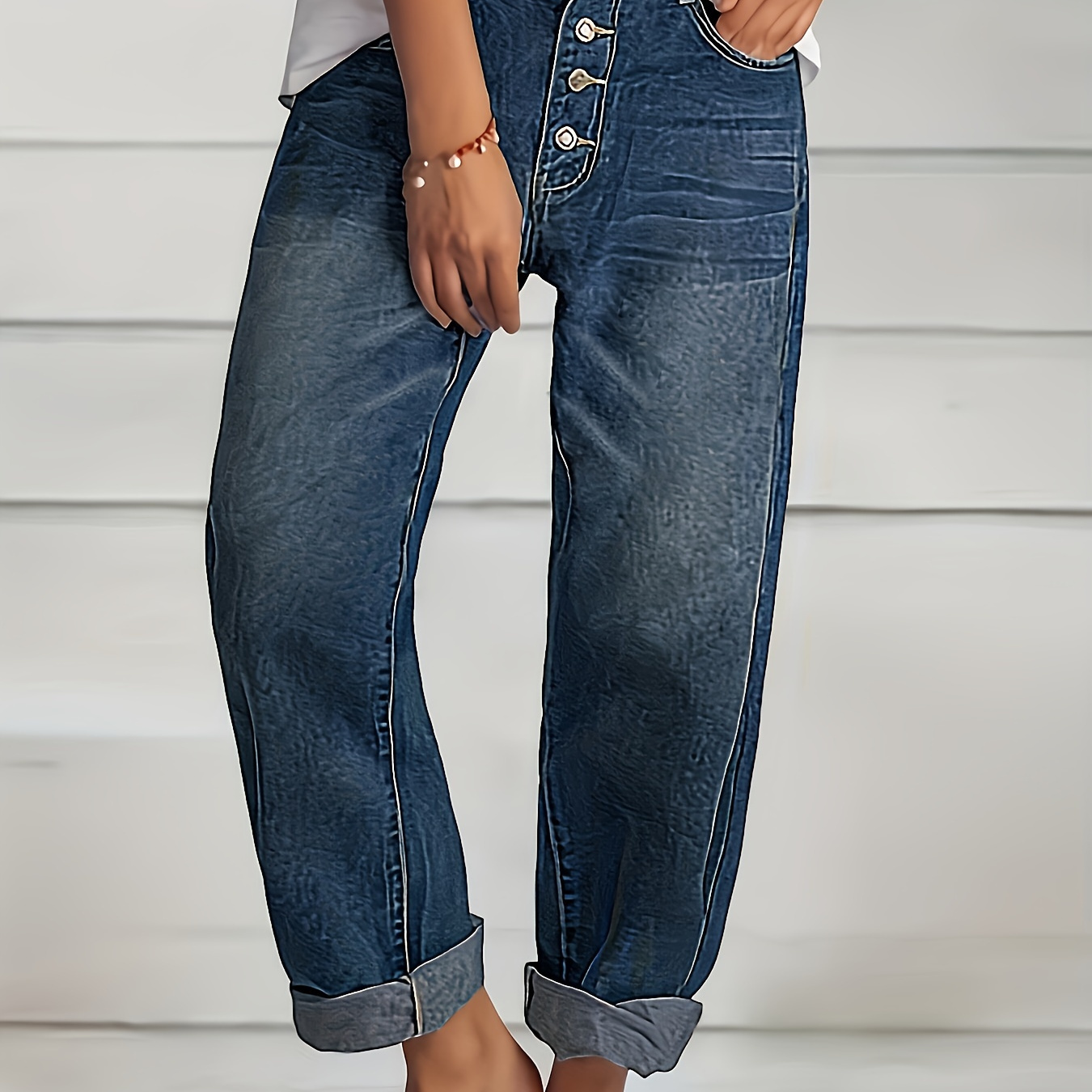 

Single-breasted Blue Loose Fit Straight Jeans - Pockets, Versatile Denim Pants With Classic Button Closure, Comfortable Womens Denim Jeans & Clothing For Everyday Wear