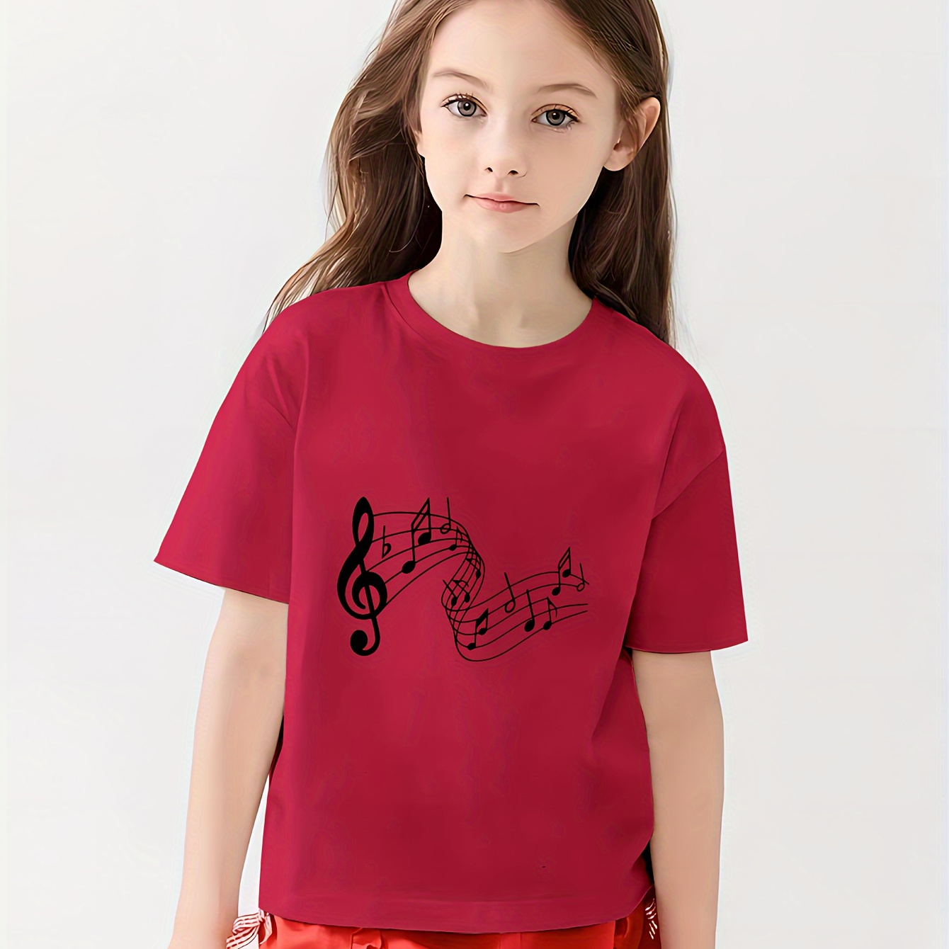 

Music Pattern Print T-shirt Girls 95% Cotton Casual Short Sleeve Tees Pullover Summer Clothes Gift Party