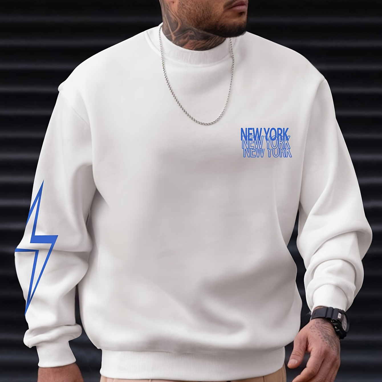 

Lighting And Letter Print Fashionable Men's Casual Long Sleeve Crew Neck Pullover Sweatshirt, Suitable For Outdoor Sports, For Autumn Spring, Can Be Paired With Necklace, As Gifts