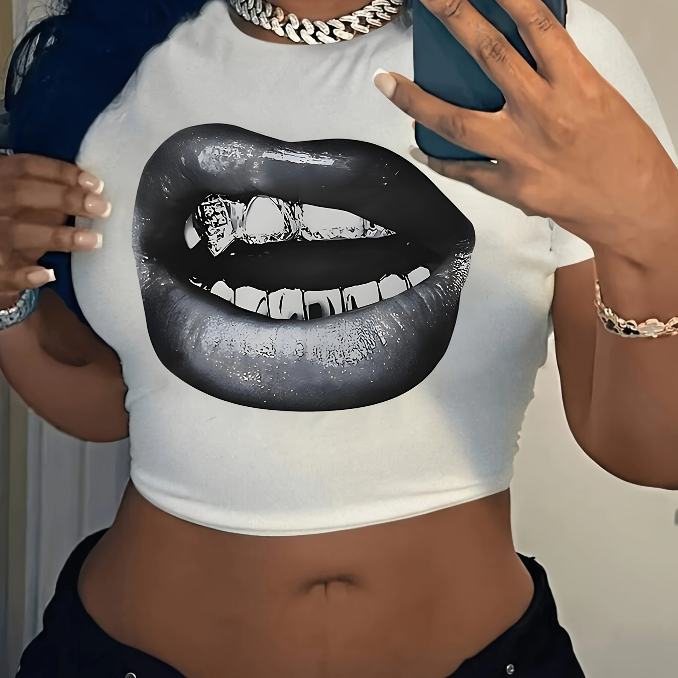 

Y2k Mouth Print Crop T-shirt, Short Sleeve Crew Neck Casual Top For Summer & Spring, Women's Clothing