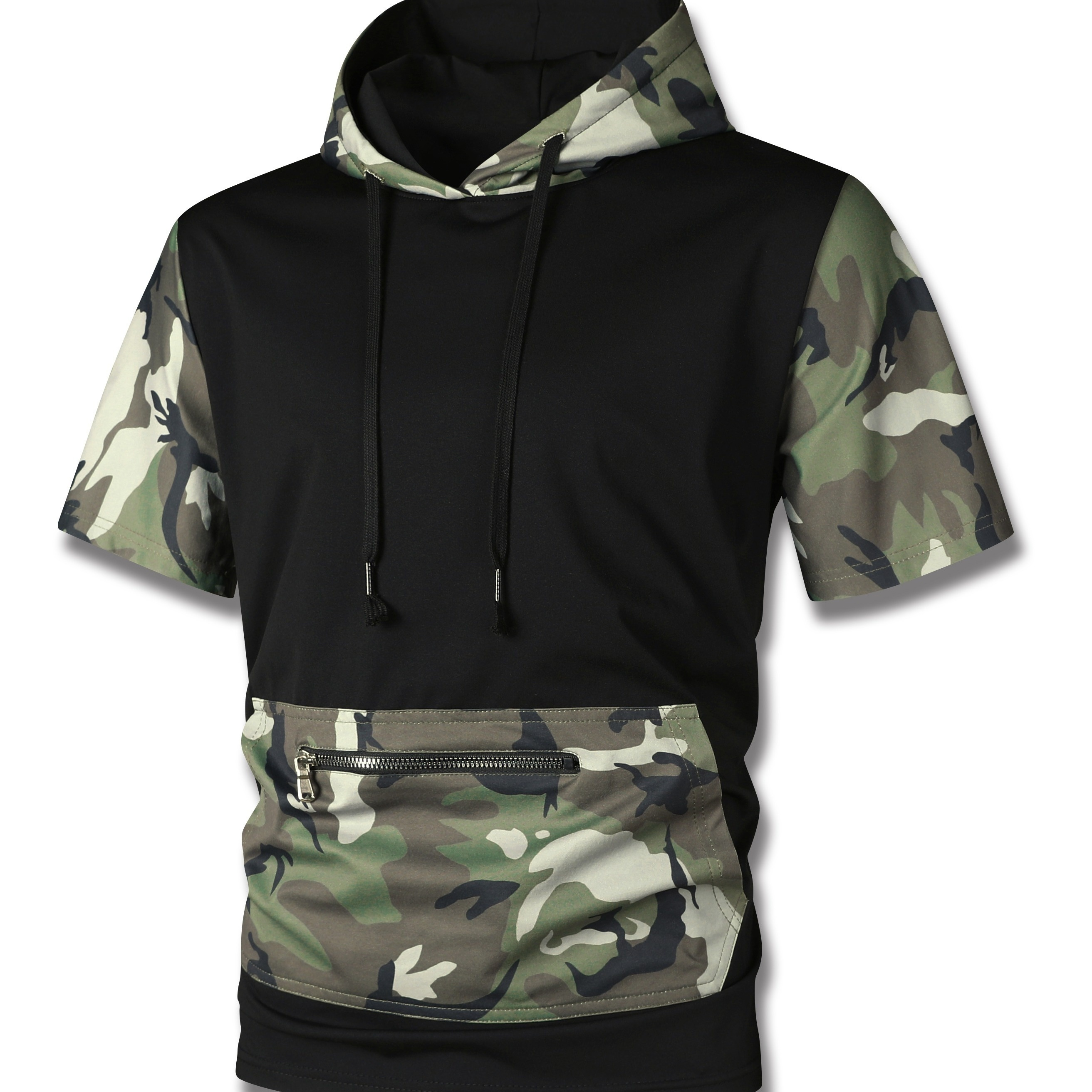 

Men's Camouflage Pattern Hooded Short Sleeve Sweatshirt With A Zippered Kangaroo Pocket, Stylish And Chic Hoodie For Summer Outdoors Wear