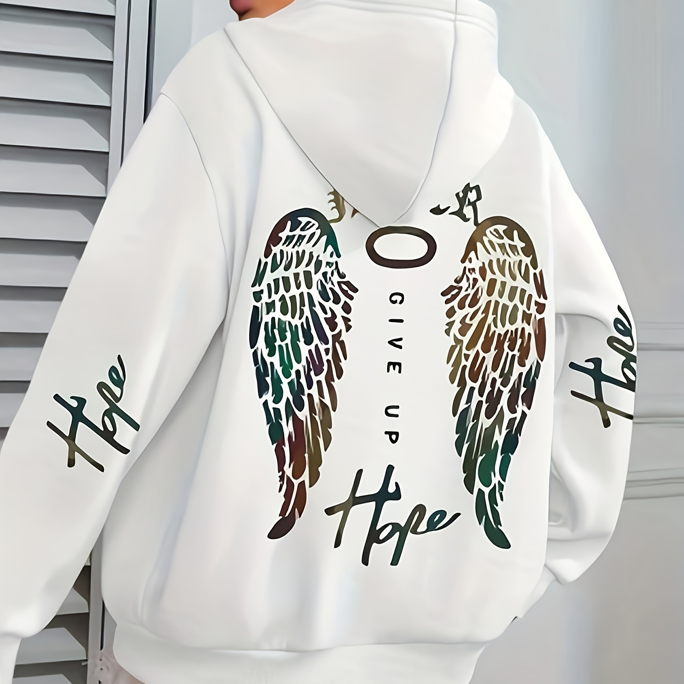 

Casual Polyester Hoodie With Feather Wings Print & Drawstring Detail – 100% Knit Polyester Fabric, Comfort Hooded Sweatshirt With Unique Feather