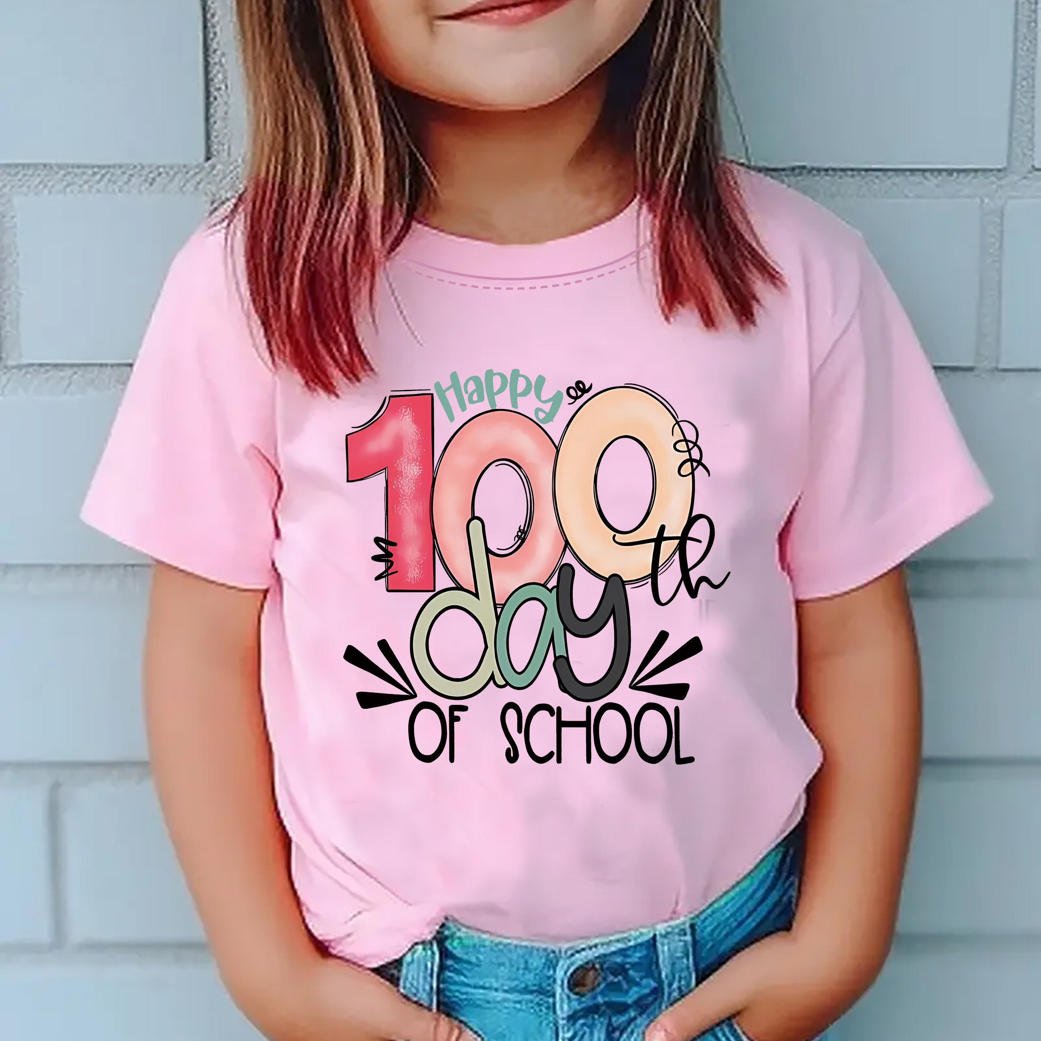 

Happy 100th Day Of School Print T-shirt, Casual Crew Neck Tees For Girls Summer Outdoor