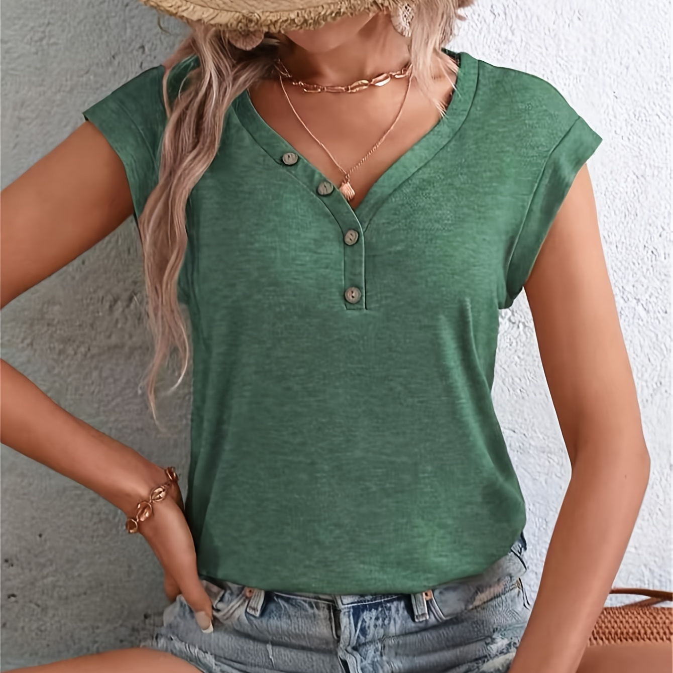 

Solid Color Button V Neck T-shirt, Casual Cap Sleeve Top For Spring & Summer, Women's Clothing