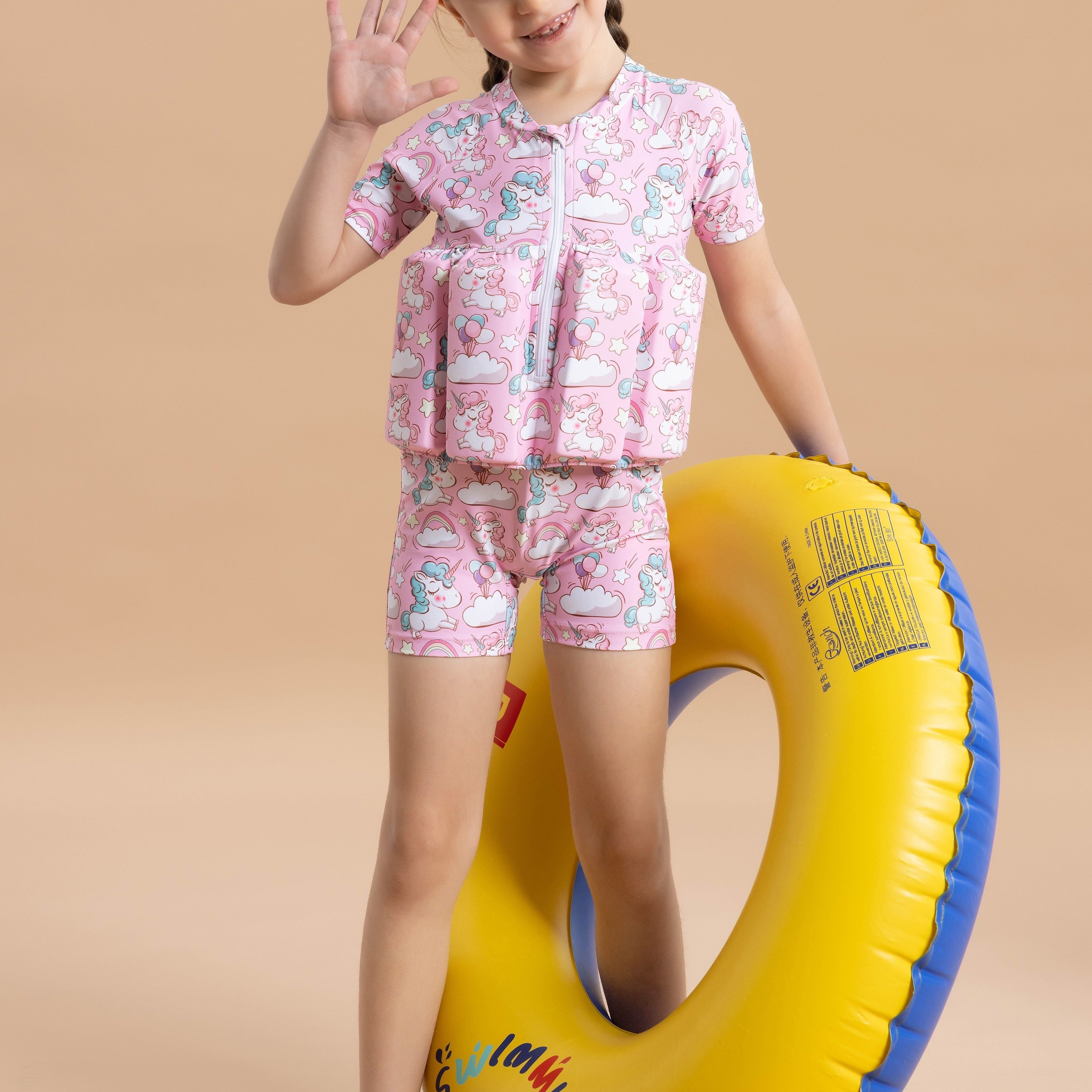 

Maillot de bain une pièce à manches courtes avec imprimé graphique mignon de licorne pour bébés filles avec des vêtements de flottabilité pour l'été