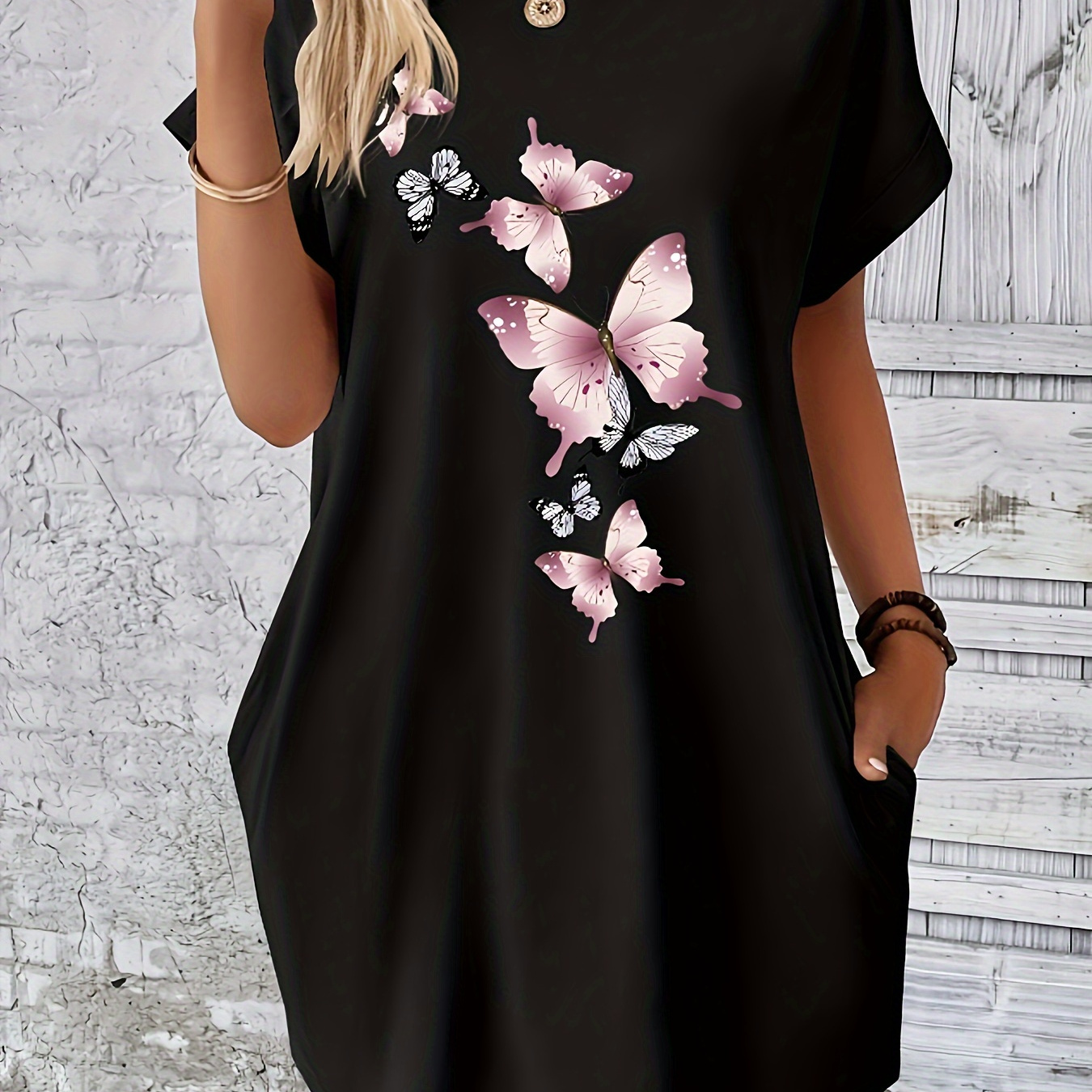 

Butterfly Print Crew Neck Dress, Casual Short Sleeve Dress For Spring & Summer, Women's Clothing