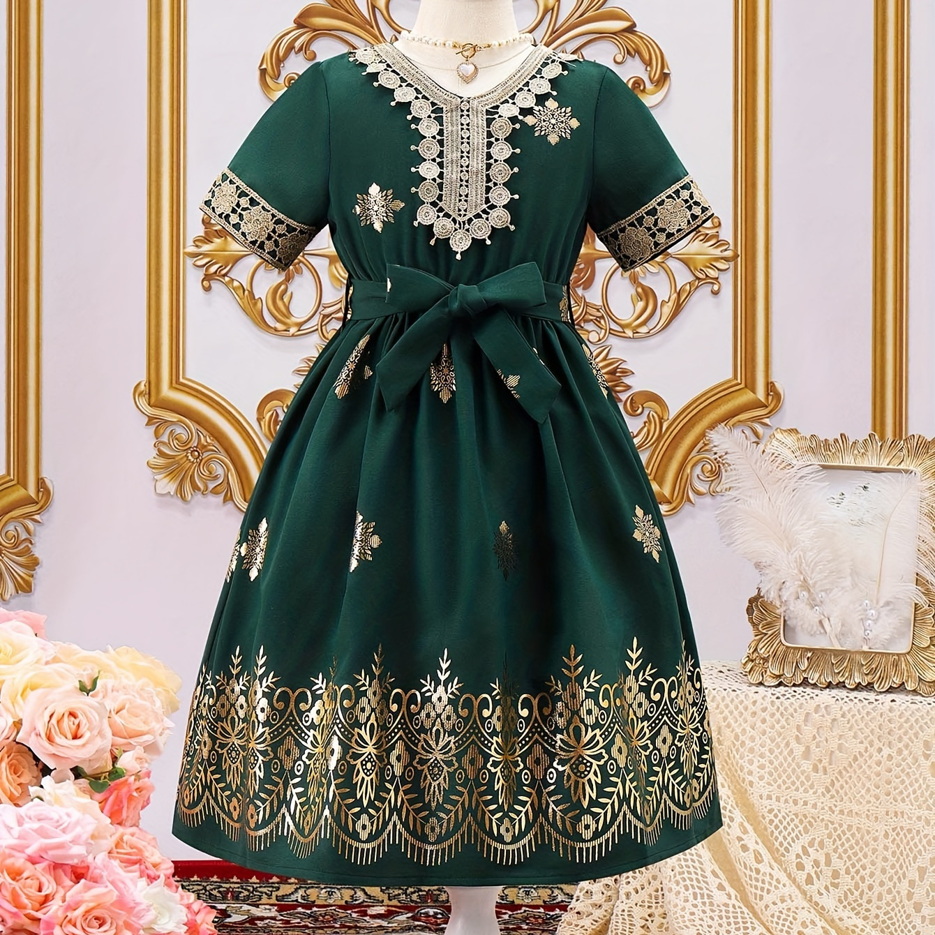 

Ethnic Style Elegant Girl's Dress For Party Gift, Flower Design Dresses For Girls