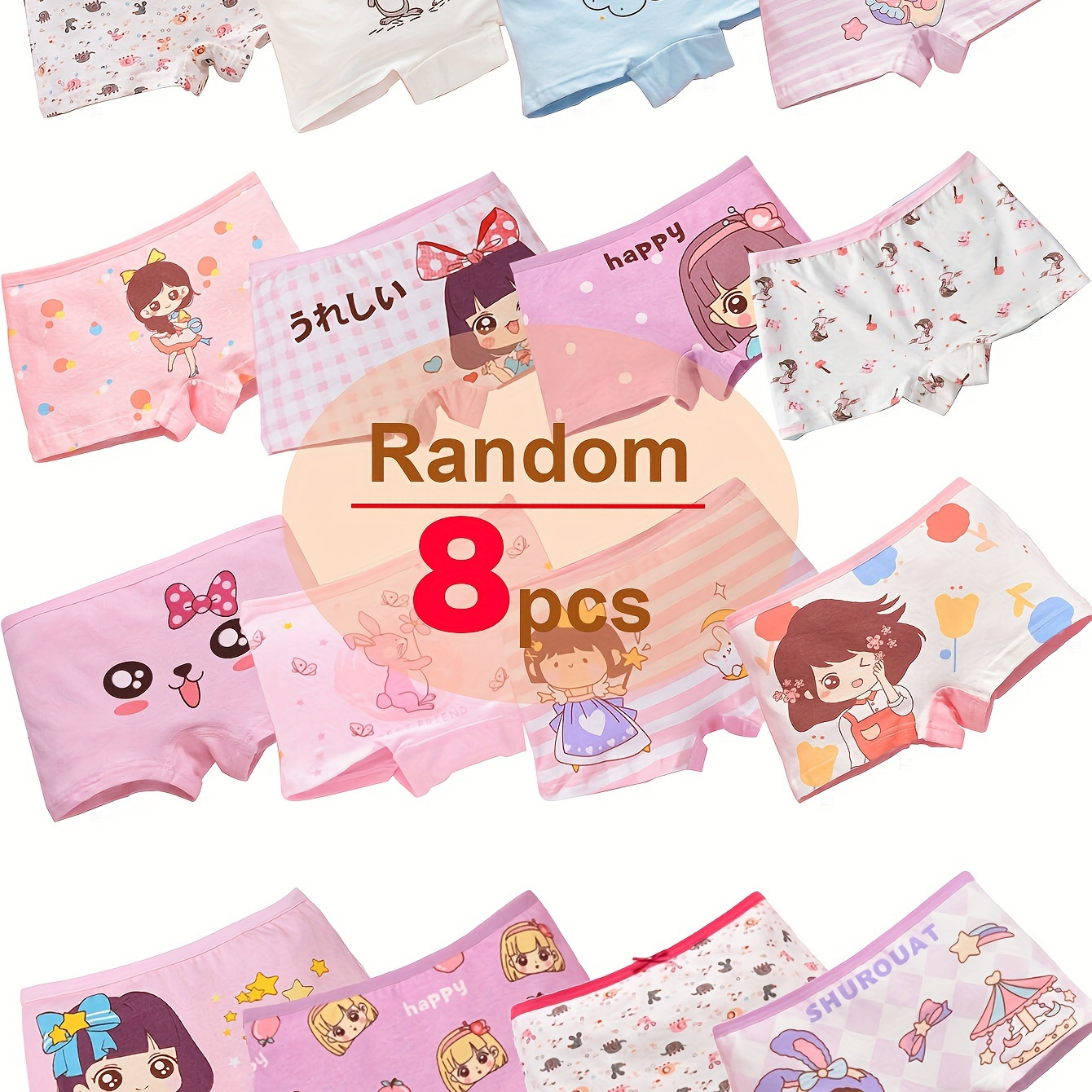 

Random 8 Pcs Girl's Cute Cartoon Girl & Rabbit & Pony Print Briefs, Soft & Underwear Set, For All Season Wearing