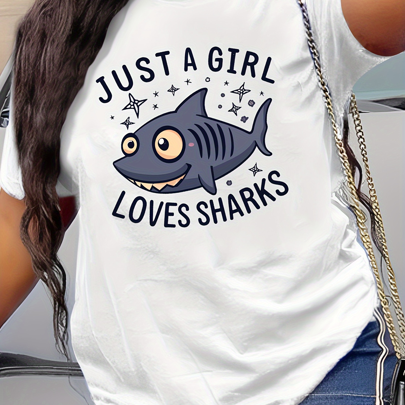 

Just A Girl Who Loves Sharks Print T-shirt, Short Sleeve Crew Neck Casual Top For Summer & Spring, Women's Clothing