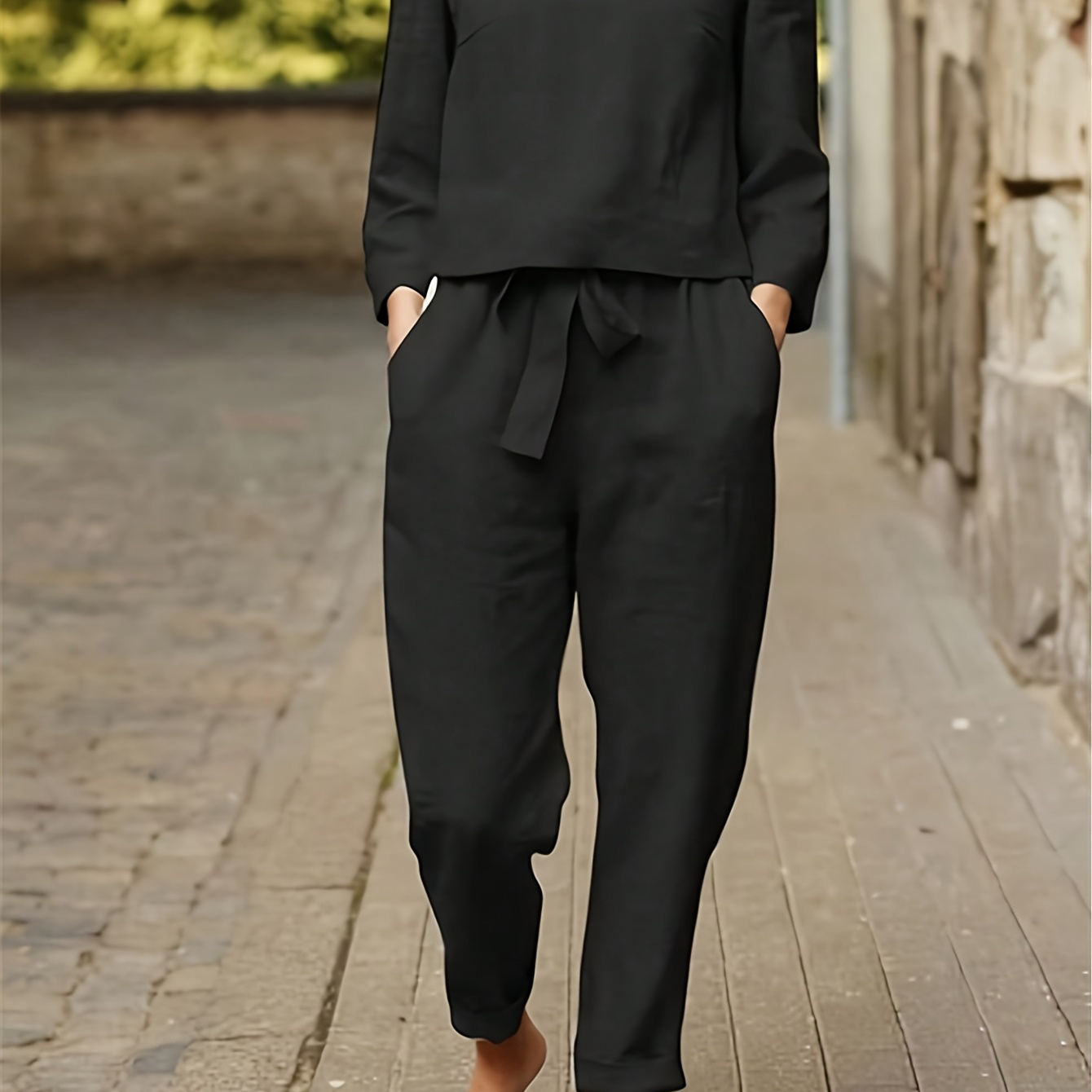 

Ensemble pantalon élégant de couleur unie, chemisier long à col rond et pantalon droit à poches avec ceinture, vêtements pour femmes