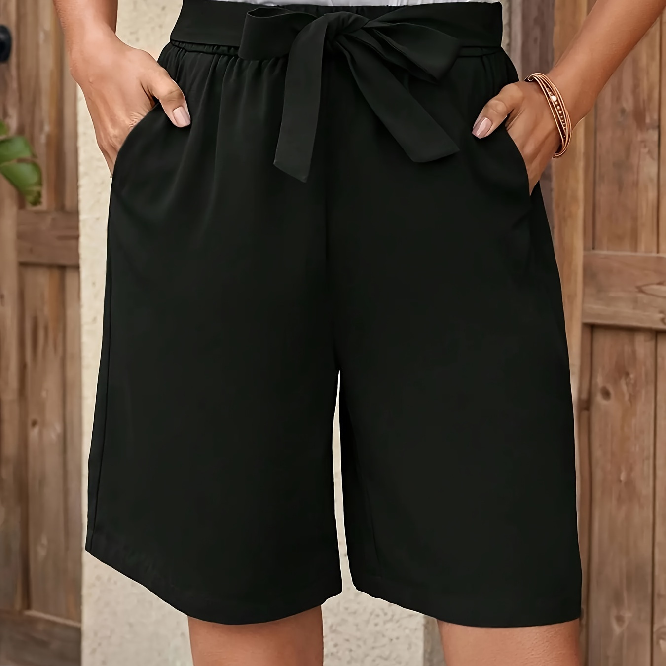 

Tie Waist Slant Pocket Shorts, Versatile High Waist Solid Shorts For Spring & Summer, Women's Clothing