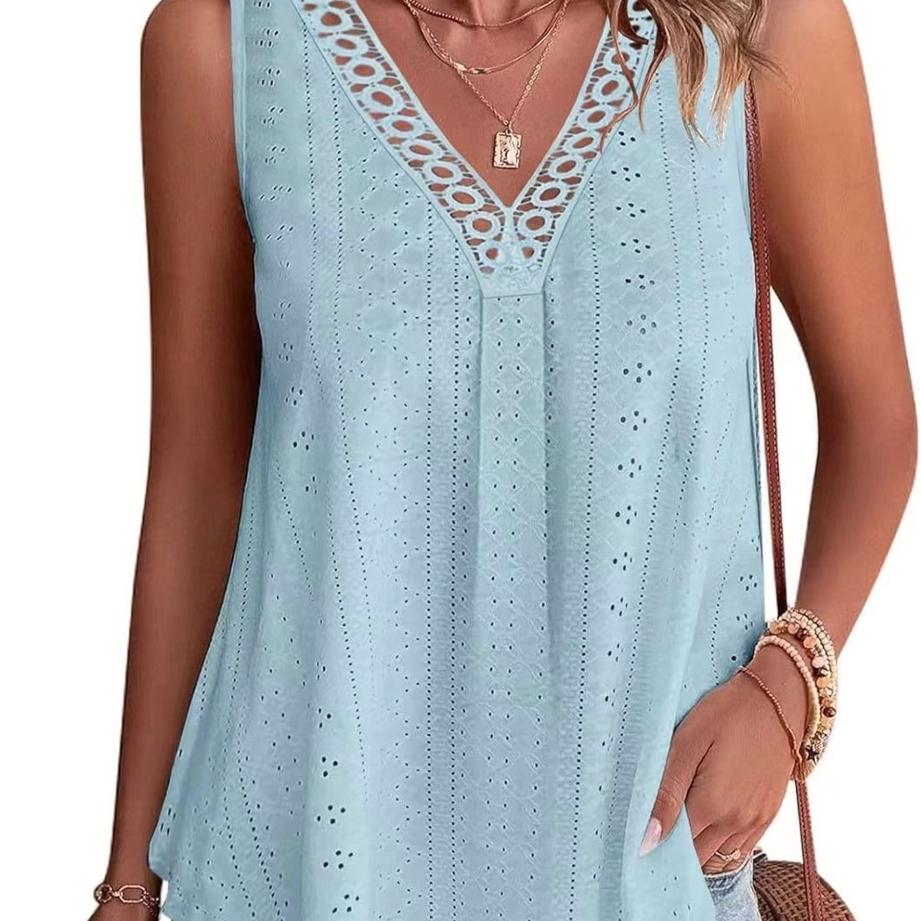 

Plus Size Eyelet Solid Lace Trim Tank Top, Casual V Neck Sleeveless Top For Summer, Women's Plus Size Clothing