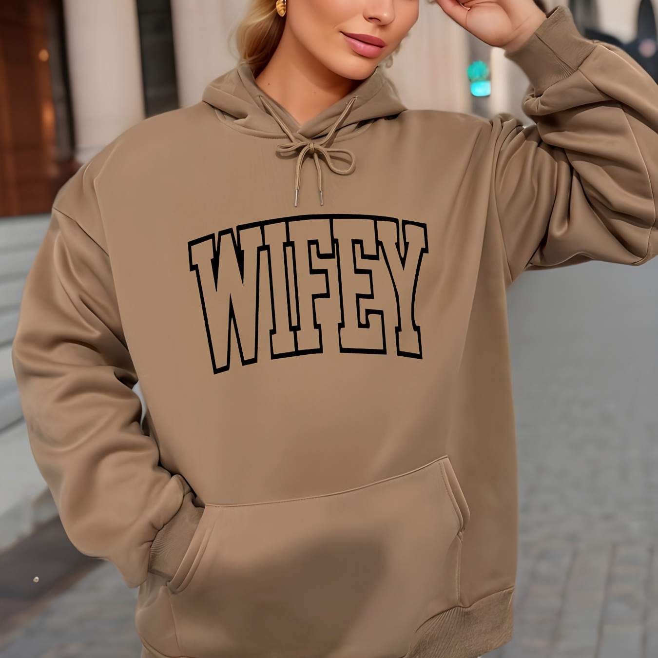 

Wifey Letter Print Sweatshirt, Casual Drawstring Front Pocket Pullover, Women's Hooded Pocket Clothing