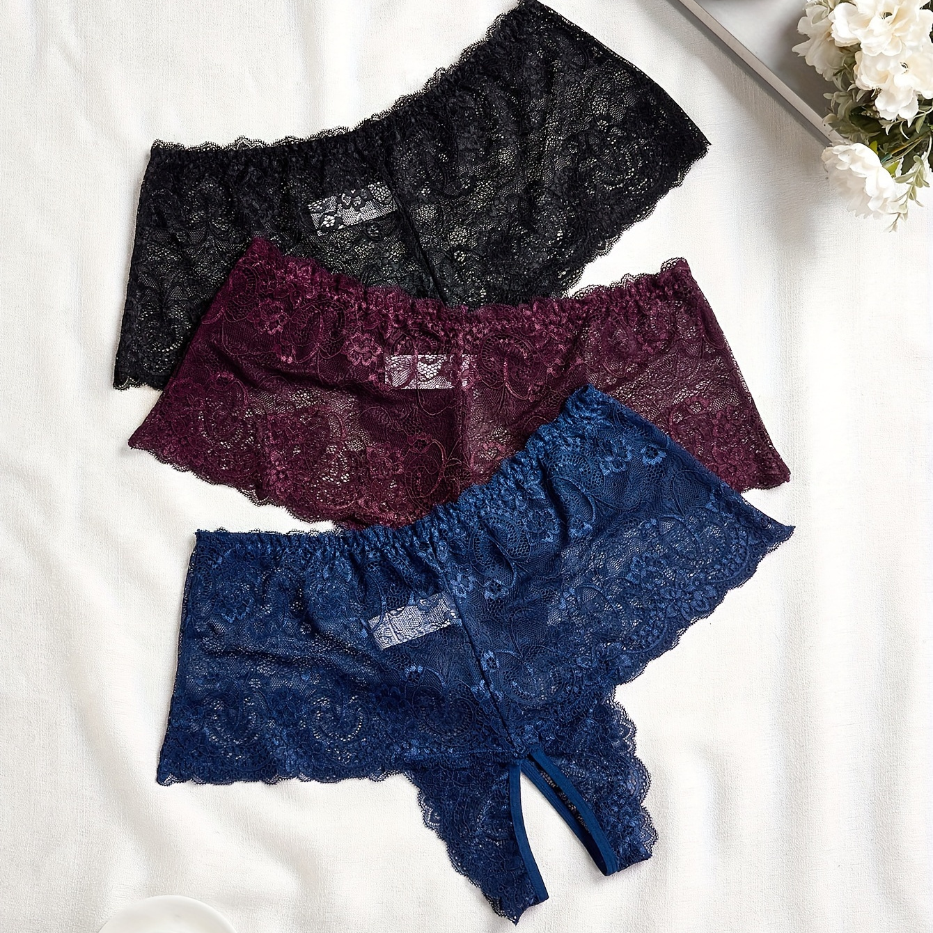 

3pcs Women's Plus Sexy Brief, Plus Size Hot Floral Lace Open Crotch Mid Waist Panties