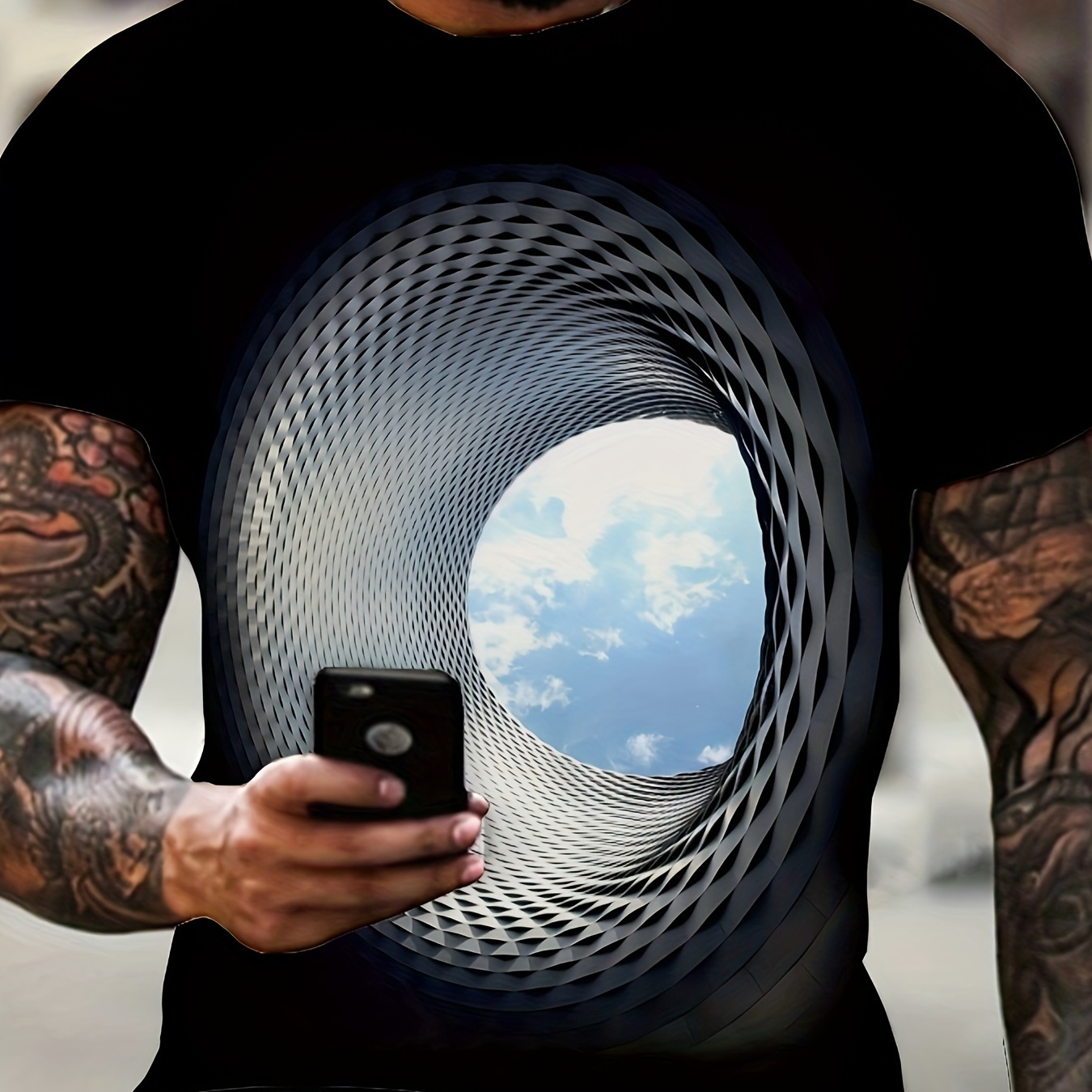 

Plus Size 3d Hole With Blue Sky Graphic Print, Men's Crew Neck T-shirts With Short Sleeves, Loose Shirts For Exercise, Men's Clothing